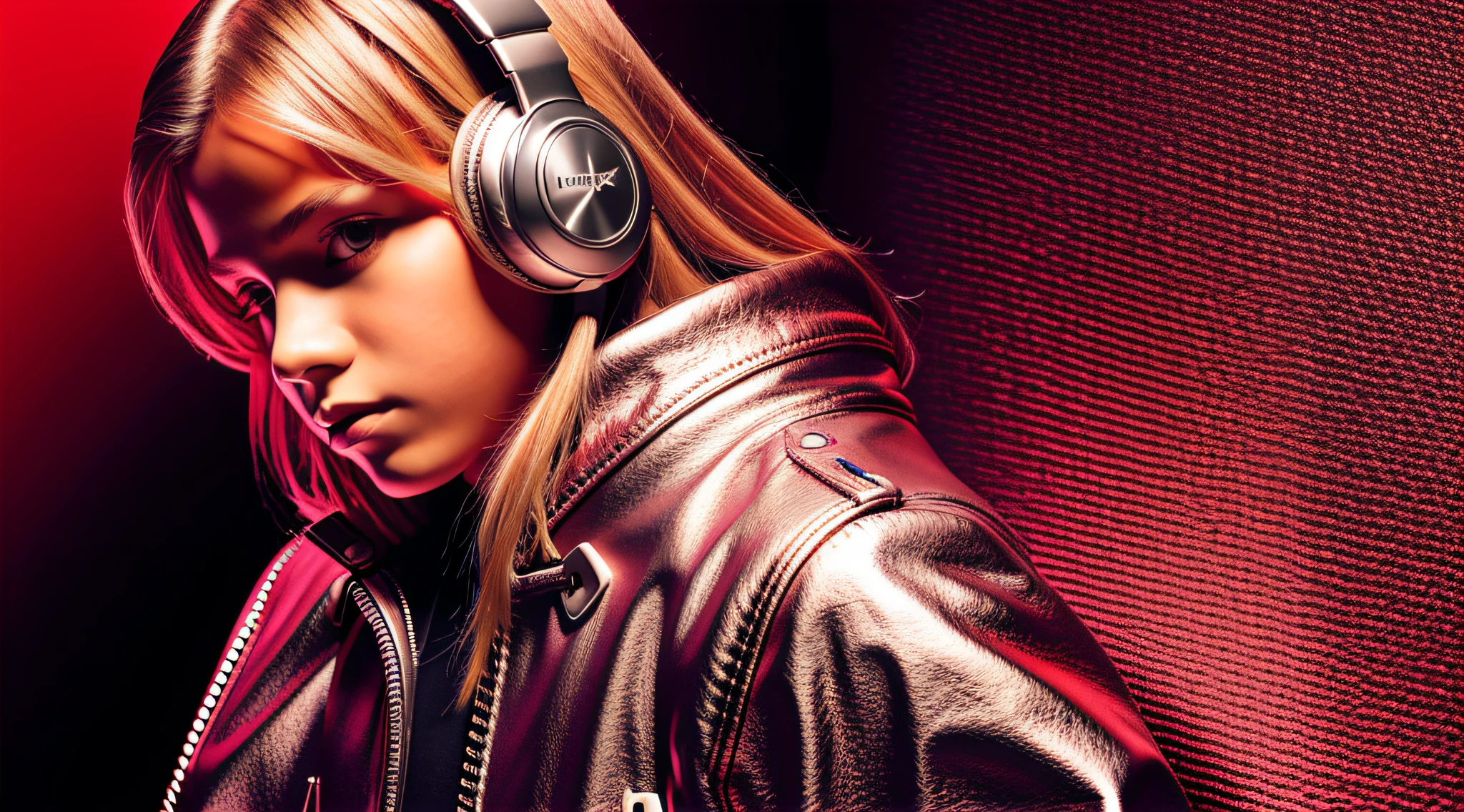 BOY child , RUSSIAN BLONDE long hair and headphones, portrait, SILVER LEATHER JACKET, VINYL AND CDS red background. --auto --s2
