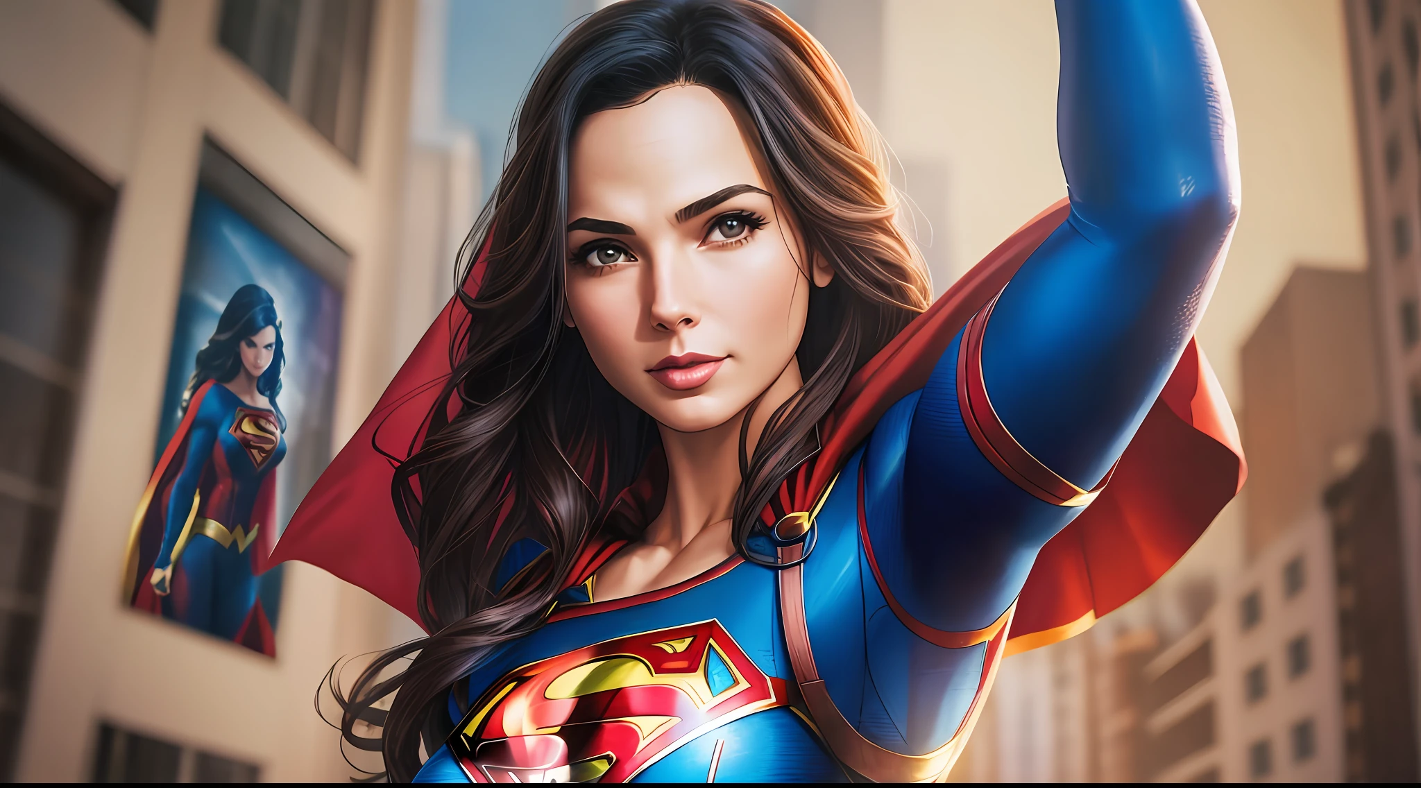 a woman in a superman costume posing for a picture, extremely detailed artgerm, supergirl, sexy painting of gal gadot, trending artgerm, artgerm jsc, gal gadot as supergirl, style artgerm, as seen on artgerm, artgerm detailed, artgerm style, ig model | artgerm --auto --s2