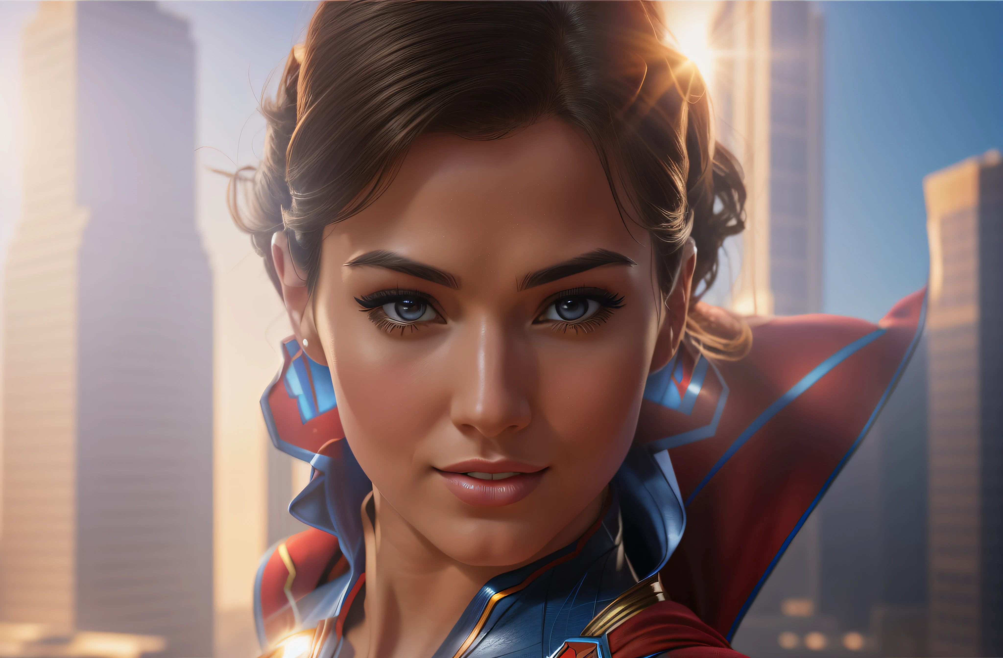 a close up of a woman in a superman costume posing for a picture, superhero portrait, supergirl, 8k artgerm bokeh, wojtek fus, super hero art, super photo realistic, artgerm portrait, stunning digital illustration, realistic digital art 4 k, realistic digital art 4k, closeup character portrait, artgerm. high detail