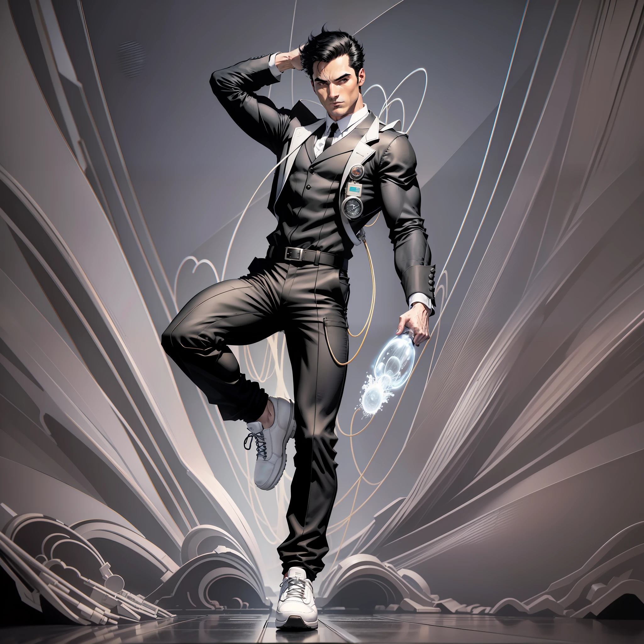 black hair man,scientist outfit,black pants,black shoe,white background