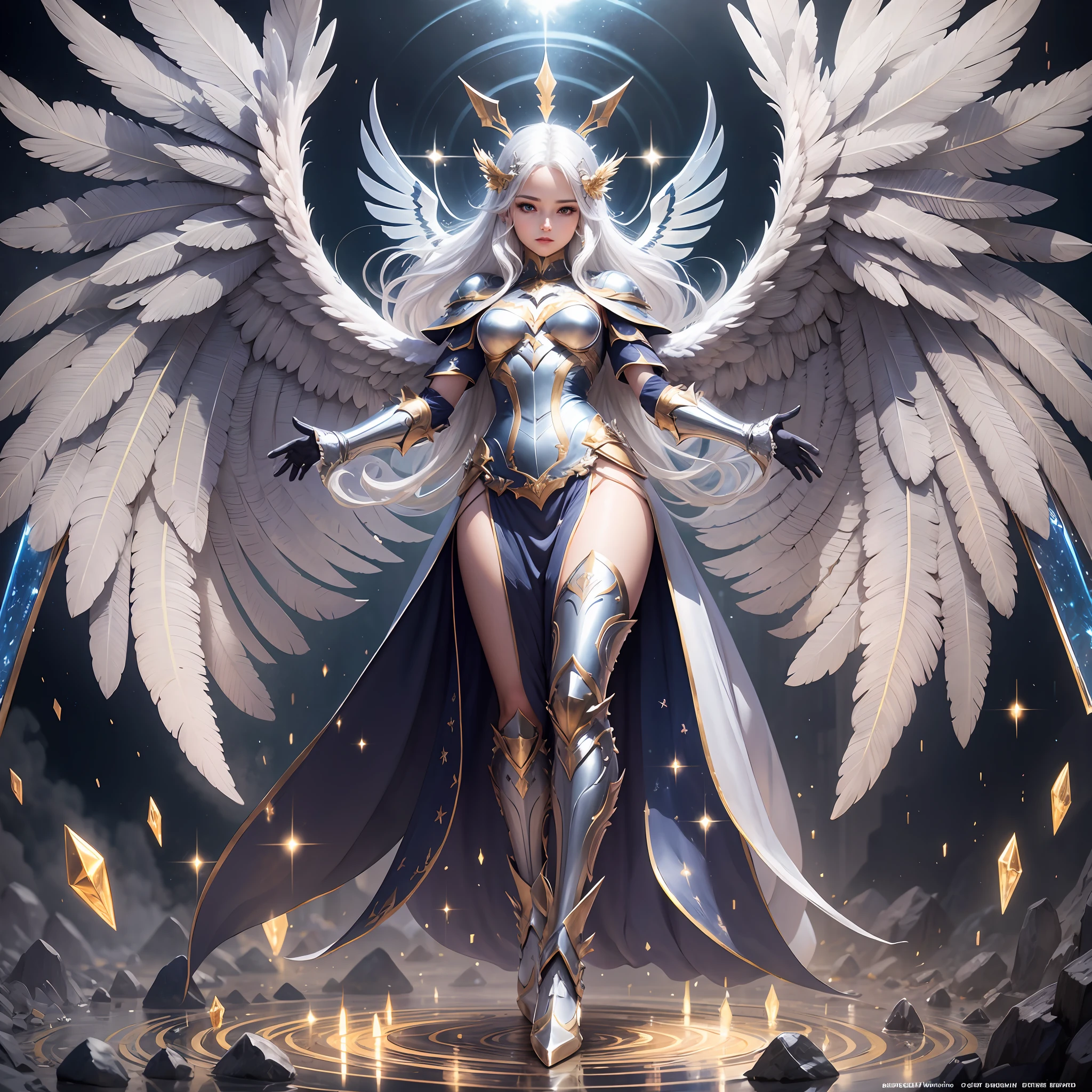 Solo, full body, an angel with beautiful clothes, diamond armor parts, beautiful image, best quality, defined wings, bright, gleaming, pleasant image, supreme beauty, sapphire wings, shiny silver hair