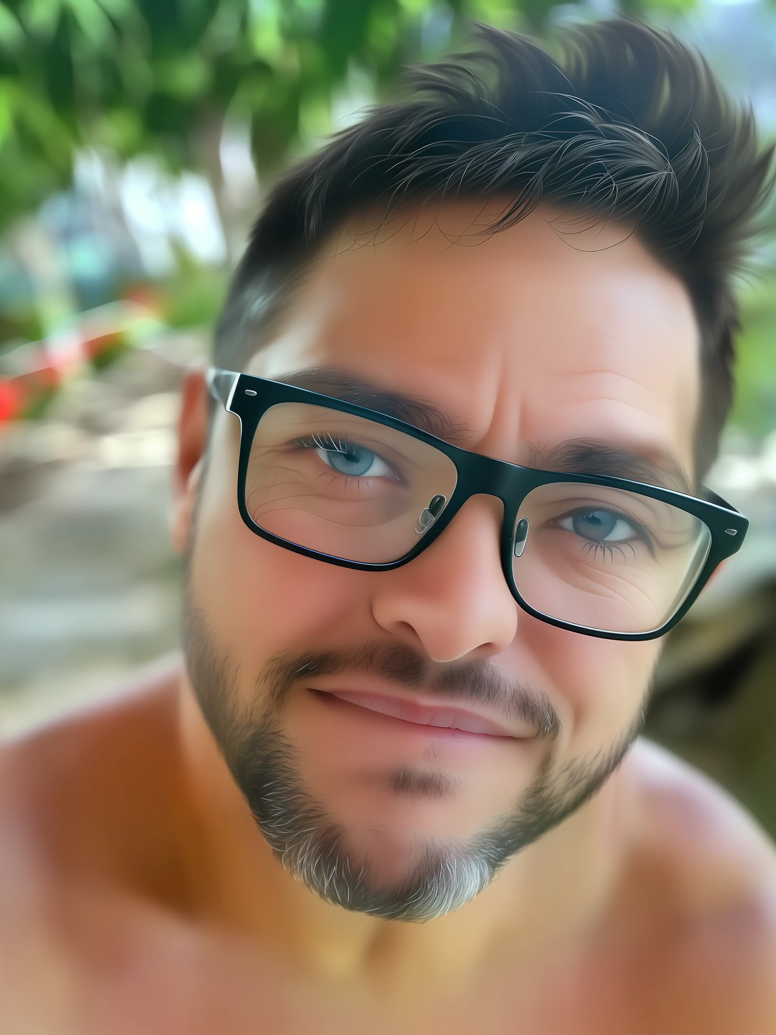 A 30-year-old man, black eyes and wearing glasses.