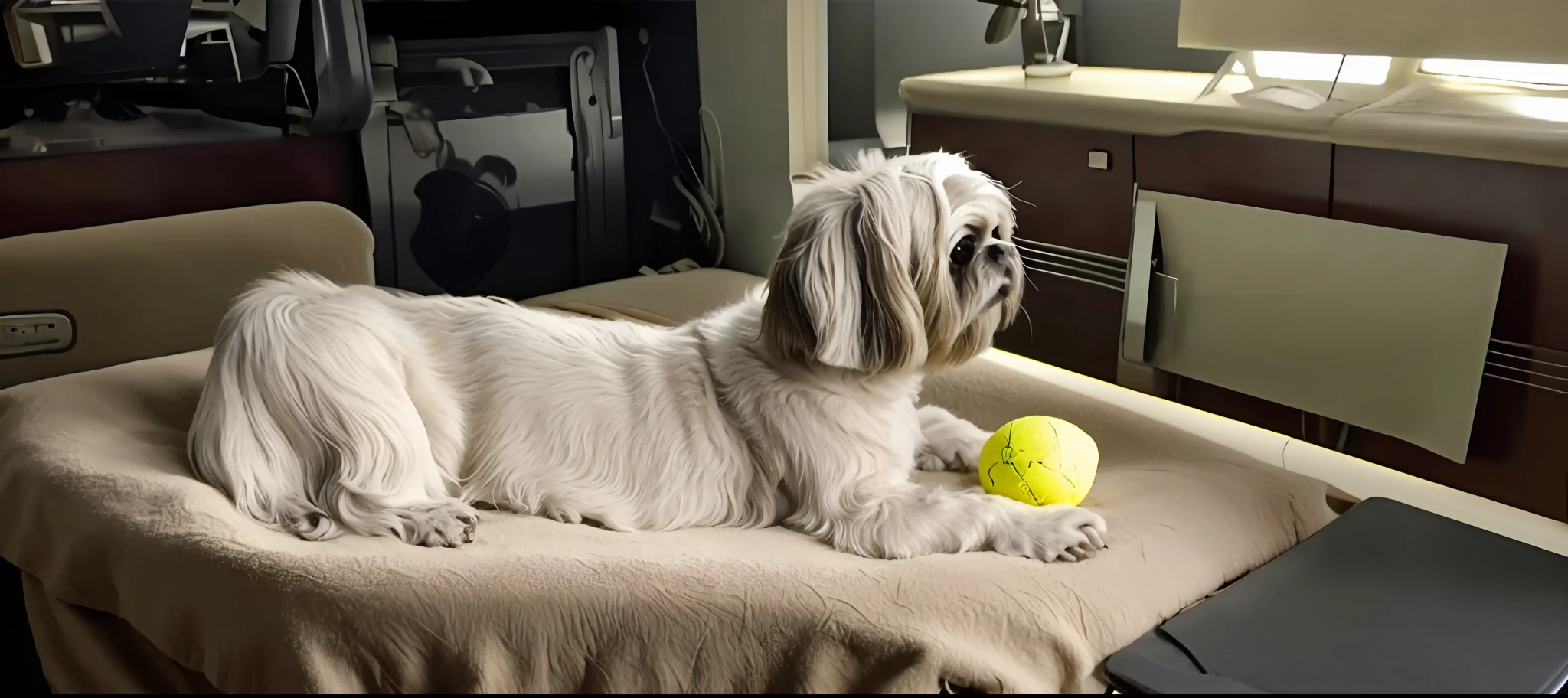 There is a gothic dog who is lying on a bed with a ball, Shih Tzu, on his side, he is very relaxed, holding a ball
