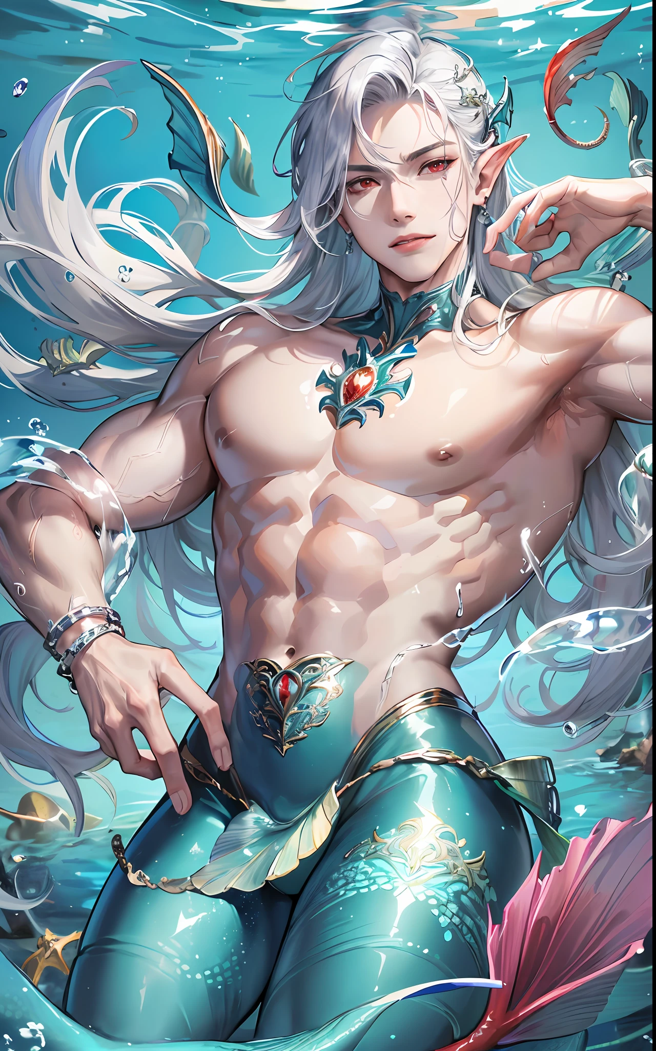 man, masculine, masculine face, attractive, muscular, (((1man))), masterpiece, absurdres, best quality ,intricate details , (shiny skin, shiny body, shiny oily luster skin, shiny hair, pale skintone), Sundown, attractive, ((muscular)), adult, one, earrings, Don't look at the view , Not looking at the view, silver hair, braided hair, perfect detailed face, perfect detailed hands, triton, fins, red eyes, triton ears, ((portait)), smirk, marine sea ornaments, ((in the water)), open chest, ((mermaid tail)), no legs, ((diving underwater)), under the sea, fishes, masculine features, masculine face