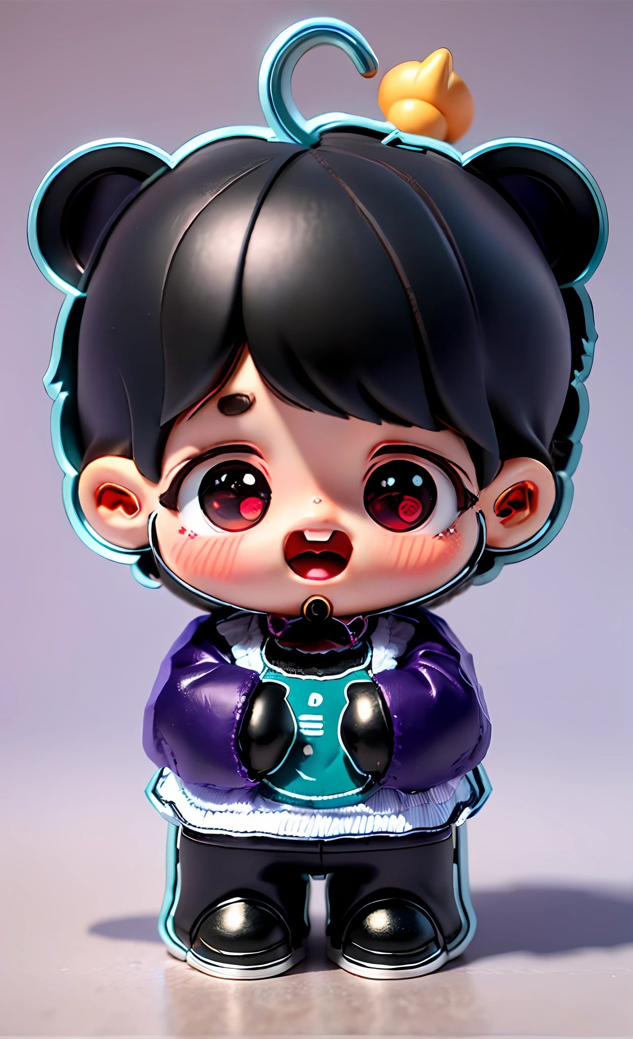 there is a small doll with a black hair and a purple outfit, with very highly detailed face, style as nendoroid, highly detailed character, close up portrait shot, q posket, close - up portrait shot, detailed portrait shot, pop japonisme 3 d ultra detailed, good smile company anime style, eyes in the style of nendoroid