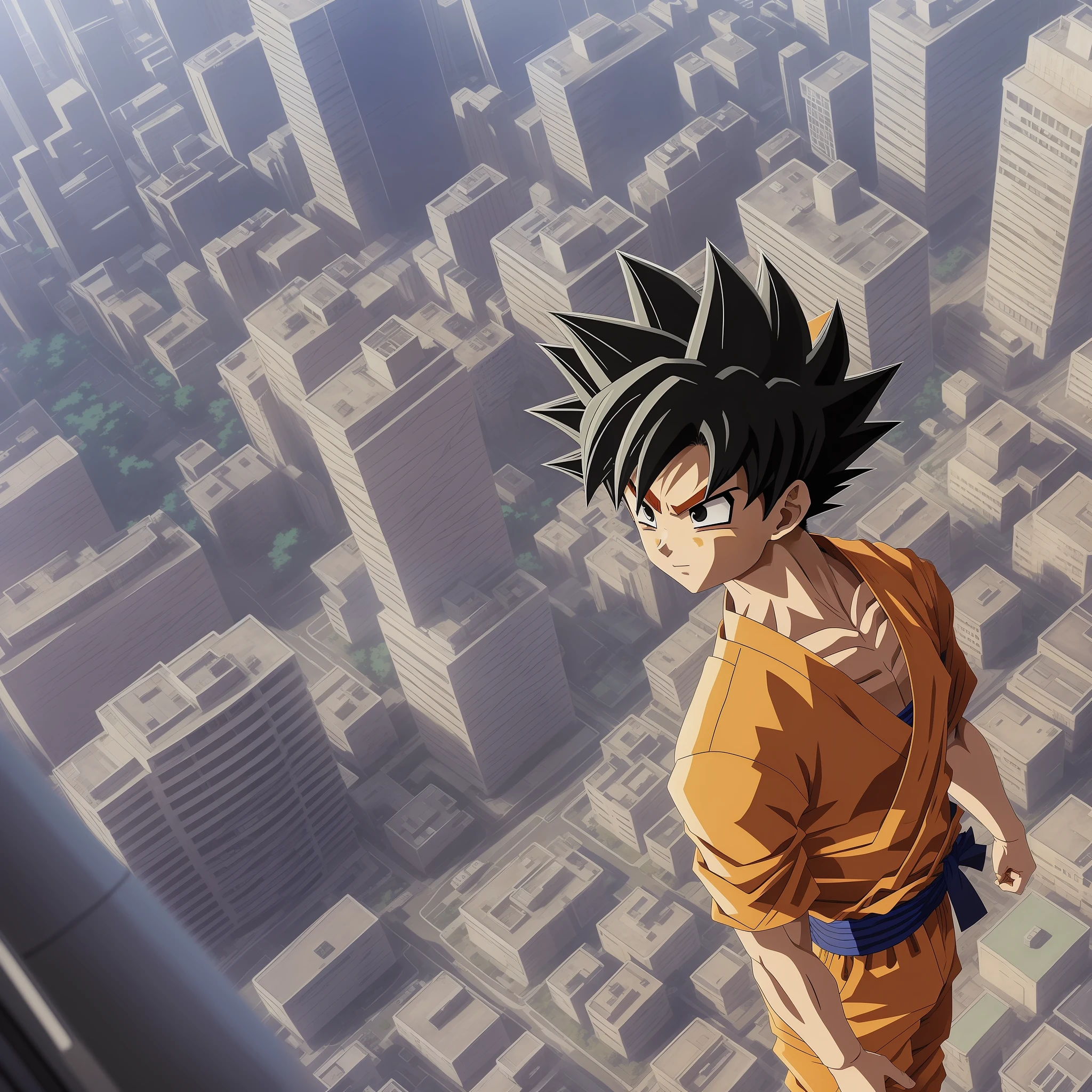 ((son goku)) in front of the shot, image taken from a high angle of a staircase leading to a city, an anime drawing of Makoto Shinkai, Makoto Shinkai style, Tokyo anime scene, Makoto Shinkai. —h 2160, ( ( Makoto Shinkai ) ), beautiful anime setting --auto --s2