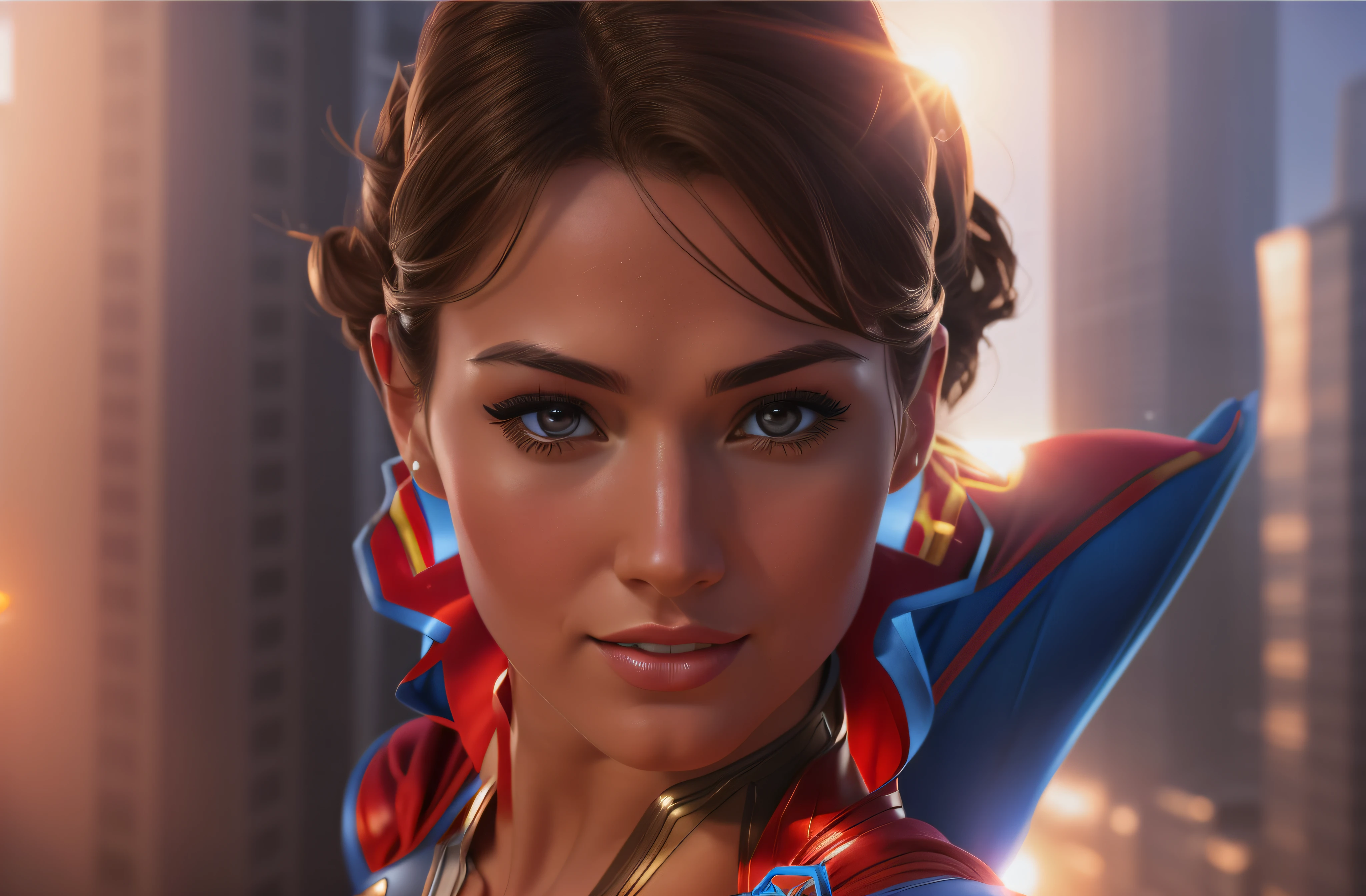 a close up of a woman in a superman costume posing for a picture, superhero portrait, supergirl, 8k artgerm bokeh, wojtek fus, super hero art, super photo realistic, artgerm portrait, stunning digital illustration, realistic digital art 4 k, realistic digital art 4k, closeup character portrait, artgerm. high detail