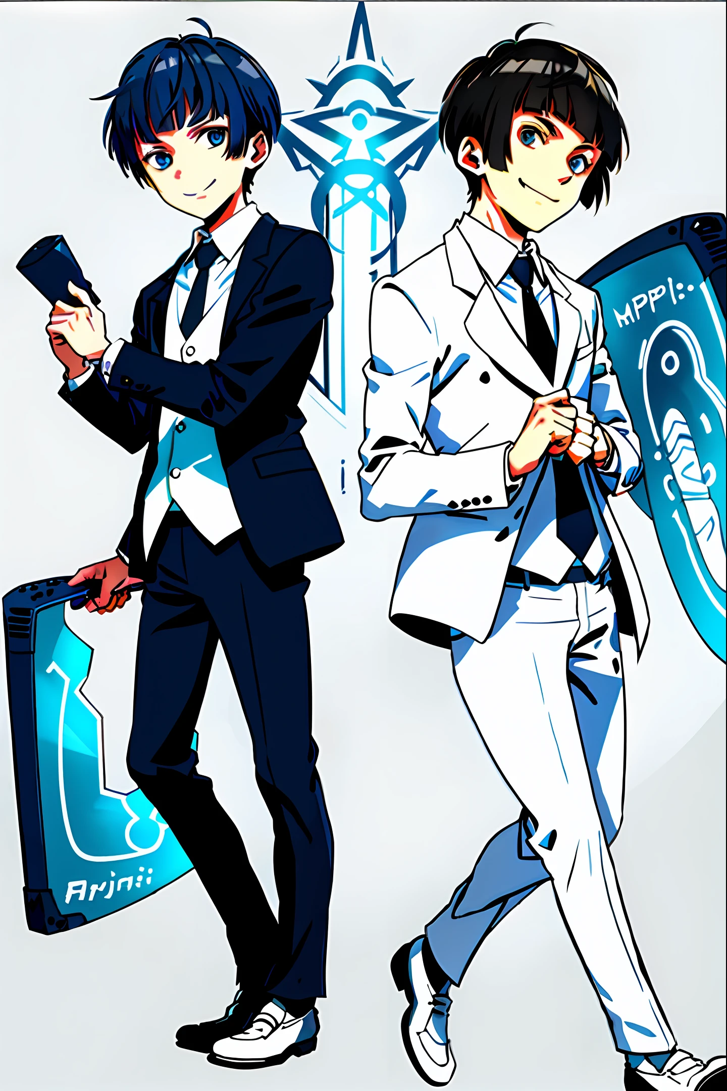 Two-dimensional, boy, short hair, middle bangs, evil smile, white suit, tie, leather shoes
