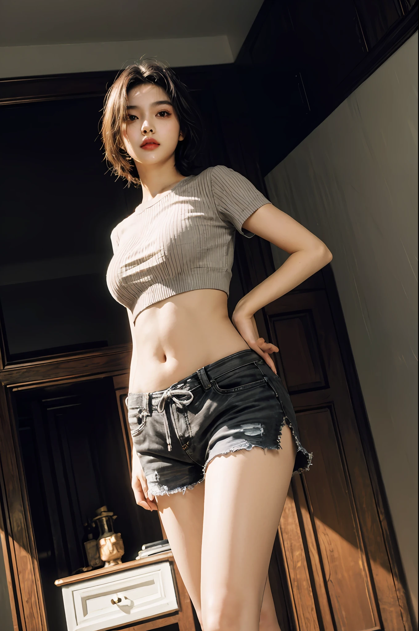 best quality, masterpiece, high resolution, 4k, 1girl, super detailed, surreal, highly detailed CG illustration, official art, cinematic light, reality, young beautiful girl, perfect figure, from below, wearing mask, pose, sexy long legs, confident, beautiful sexy, gray short sleeves, open belly, black super shorts
