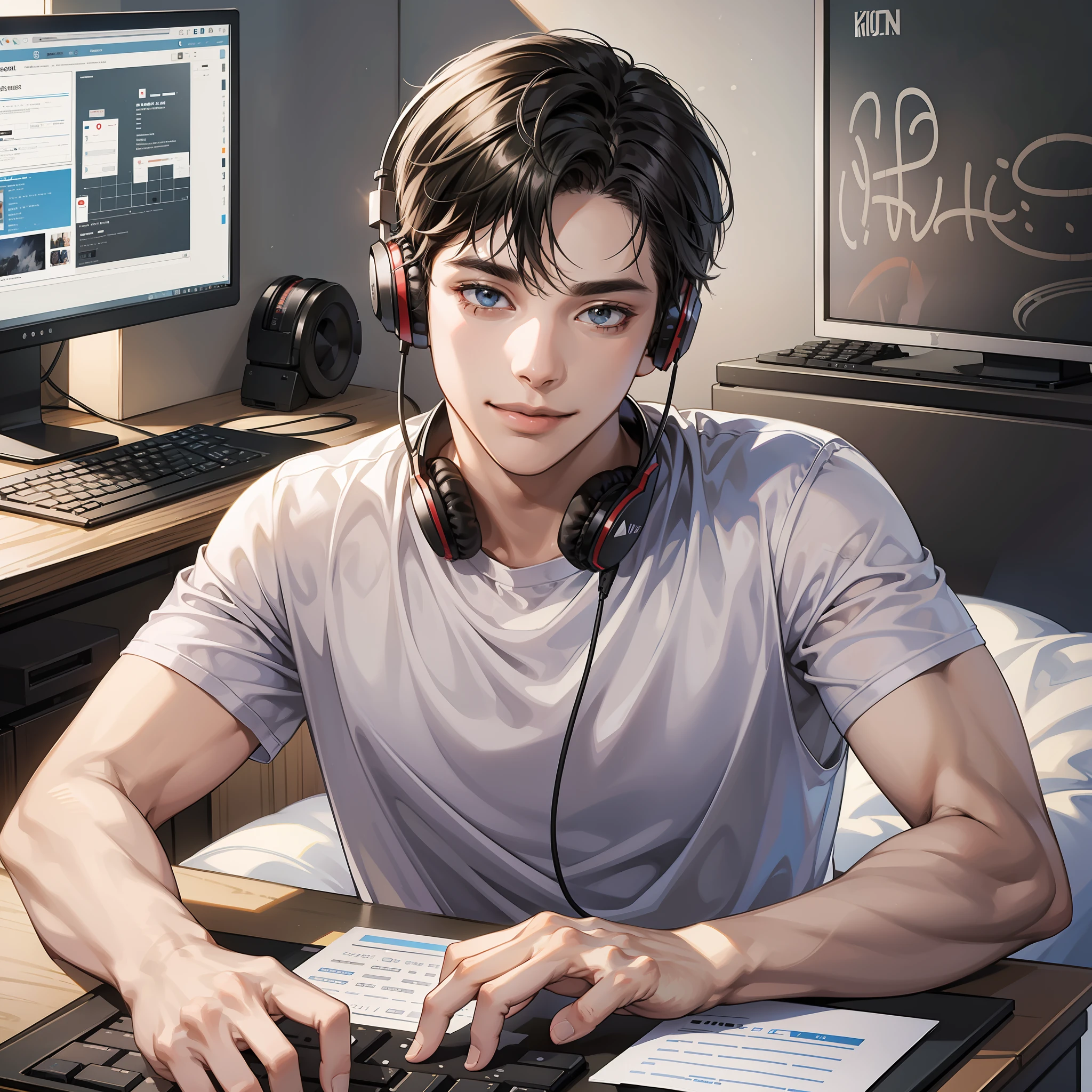 Masterpiece, high quality, best quality, HD, realistic, perfect lighting, detailed body, 1 man, short black hair, white t-shirt, smiling expression, wearing headphones, facing the computer monitor, in the room