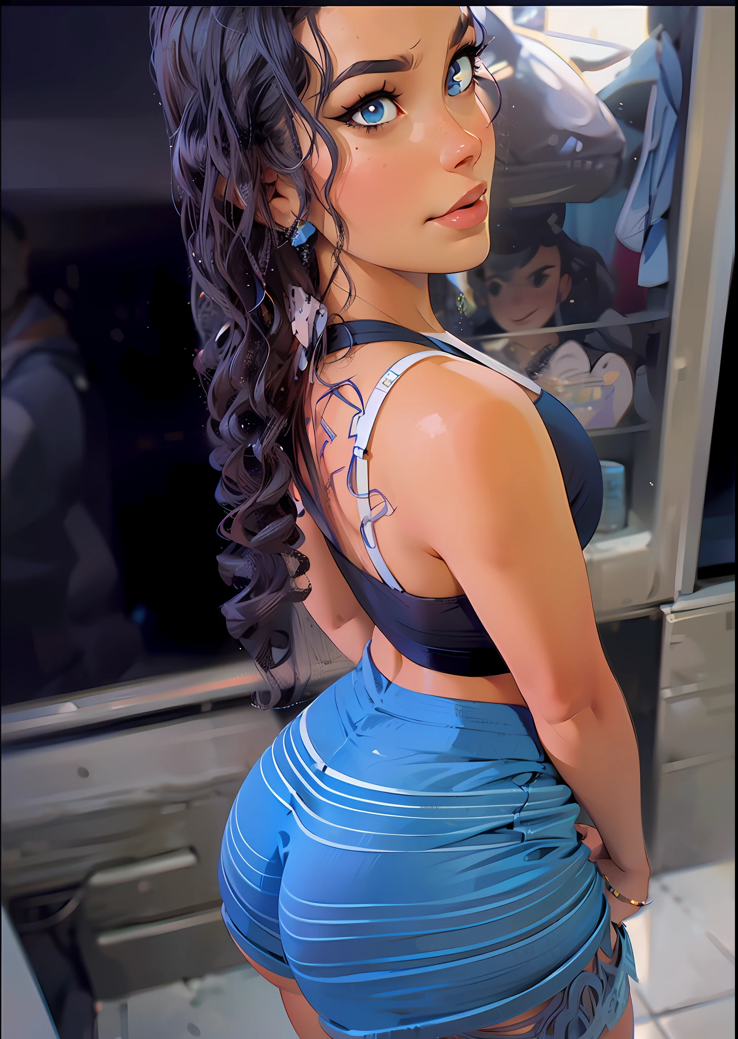 there is a woman in a blue dress posing for a picture, 30-year-old woman from cuba, skinny waist and thick hips, taken in 2 0 2 0, tight outfit, side pose, fit pic, from the side, taken in 2022, fit curvy physique, view from the back, side view, from the back