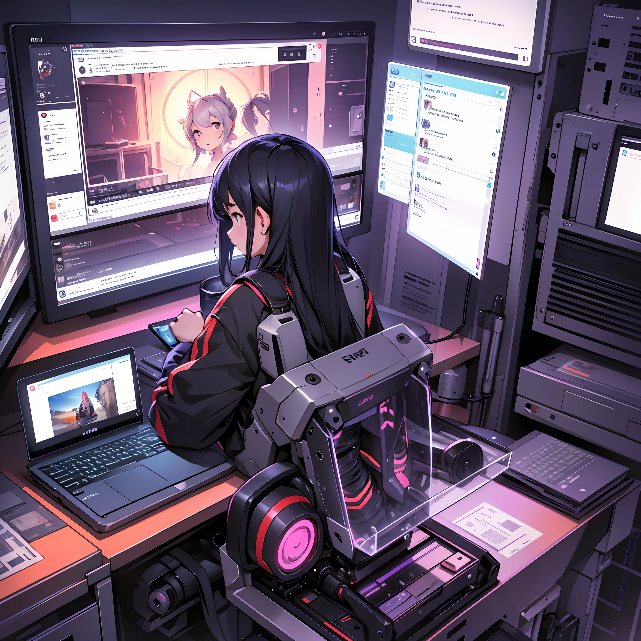 A young girl is sitting in front of a computer, facing the game interface on the screen. --auto --s2