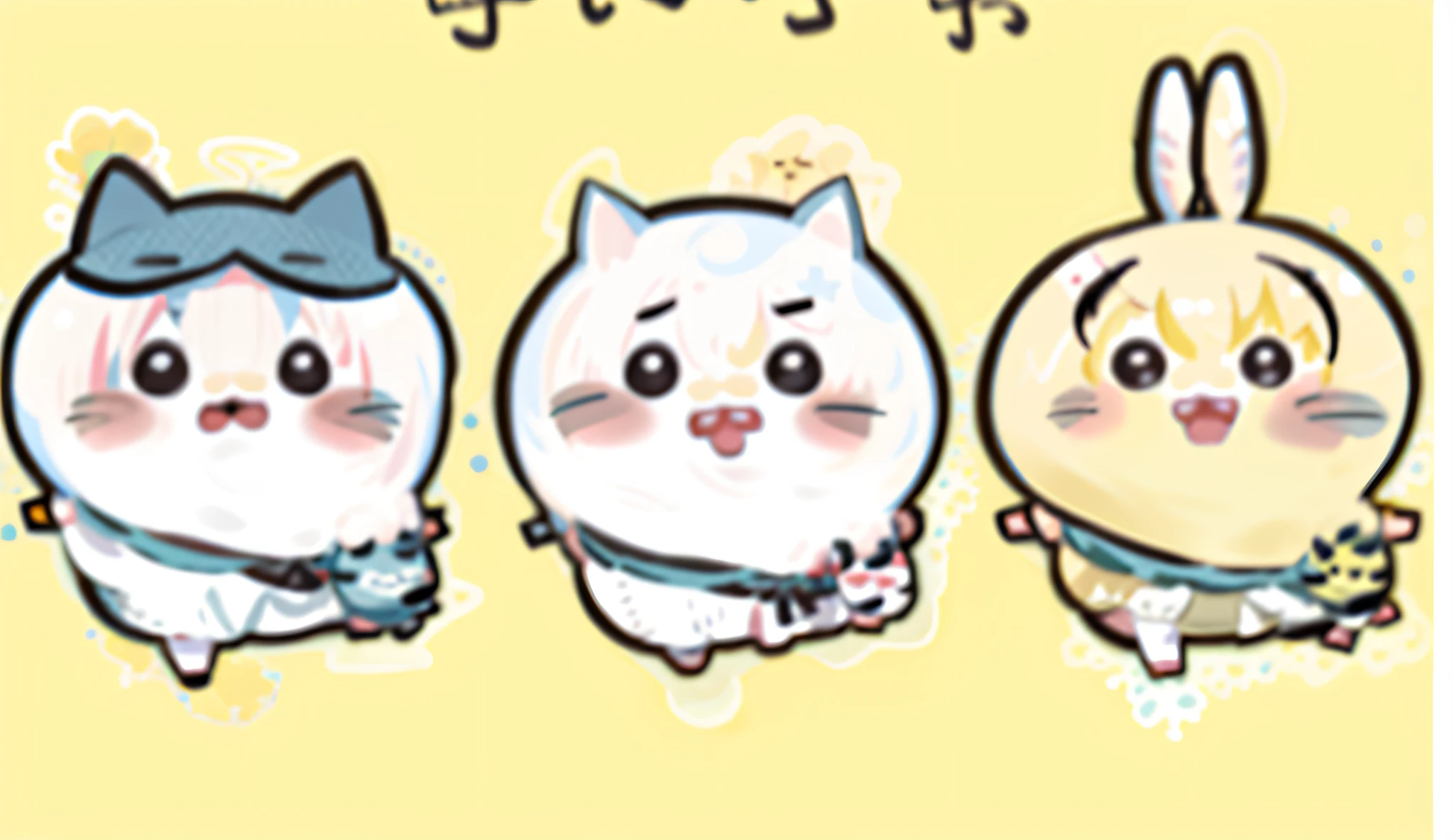 three little animals are standing next to each other with a bow, あかさたなは on twitter, けもの, danbooru, nichijou, negao, senko-san, cute characters, aww, kawaii, neko, cutecore, japanese kawaii style, umaru-chan, kawaii chibi
