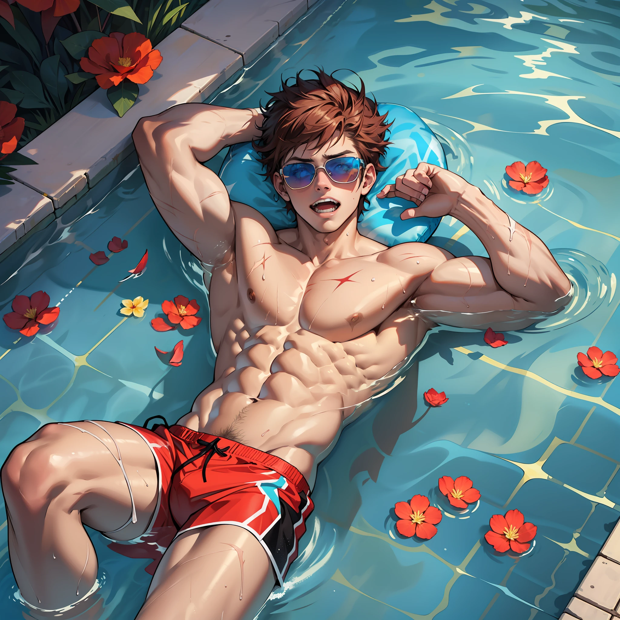 Pool in the dark, colorful, neon lights hitting the body, abs boy floating on the air cushion, a lot of fruit next to him, college student, lying flat on the air cushion in a red flower shirt, reddish-brown hair, short hair, swimming trunks, clothes open, legs open, one hand raised sunglasses, the camera focused on him, from above, projected inset, fangs, bandage on, scar across eye, streaked hair, , lying flat all over, eyes open, floating on the pool, backlight, red pupils, expression of enjoyment, shut up, sunglasses in hand