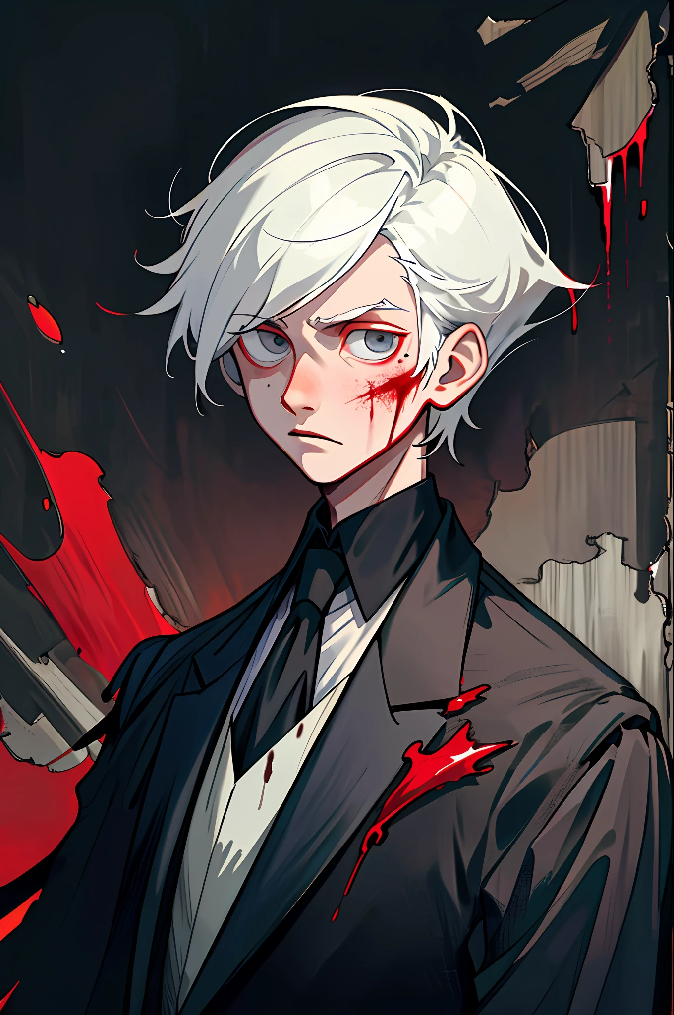 (best quality, masterpiece), 1boy, upper body, wound, blood splatters, blood, formal, looking down, looking at the viewer, white hair, staring, dark circles