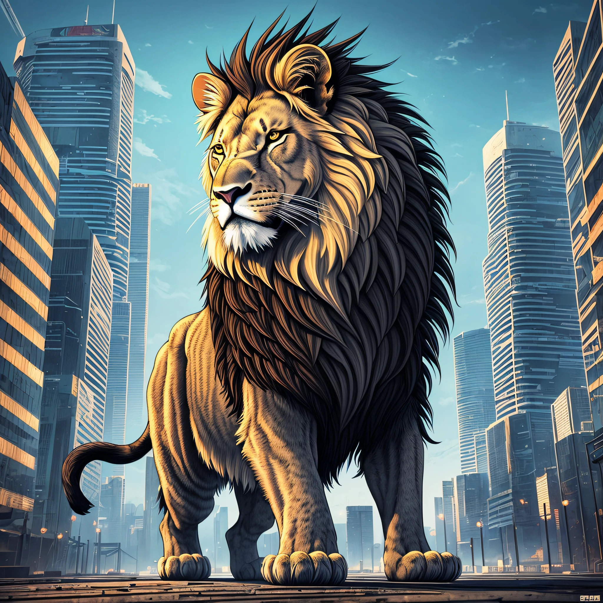 wild lion cyberpunk style, animal, design for t-shirt print, realistic style, super beautiful,detailed, high quality image, cinematic resolution, 2d, vector, flat --auto --s2