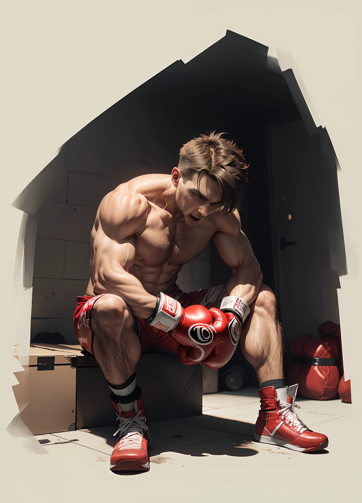 Fighter (1man,solo) sitting in the corner with angry expression, red boxing gloves on his wrists, four fingers and a thumb, perfect hands, extremely detailed eyes,