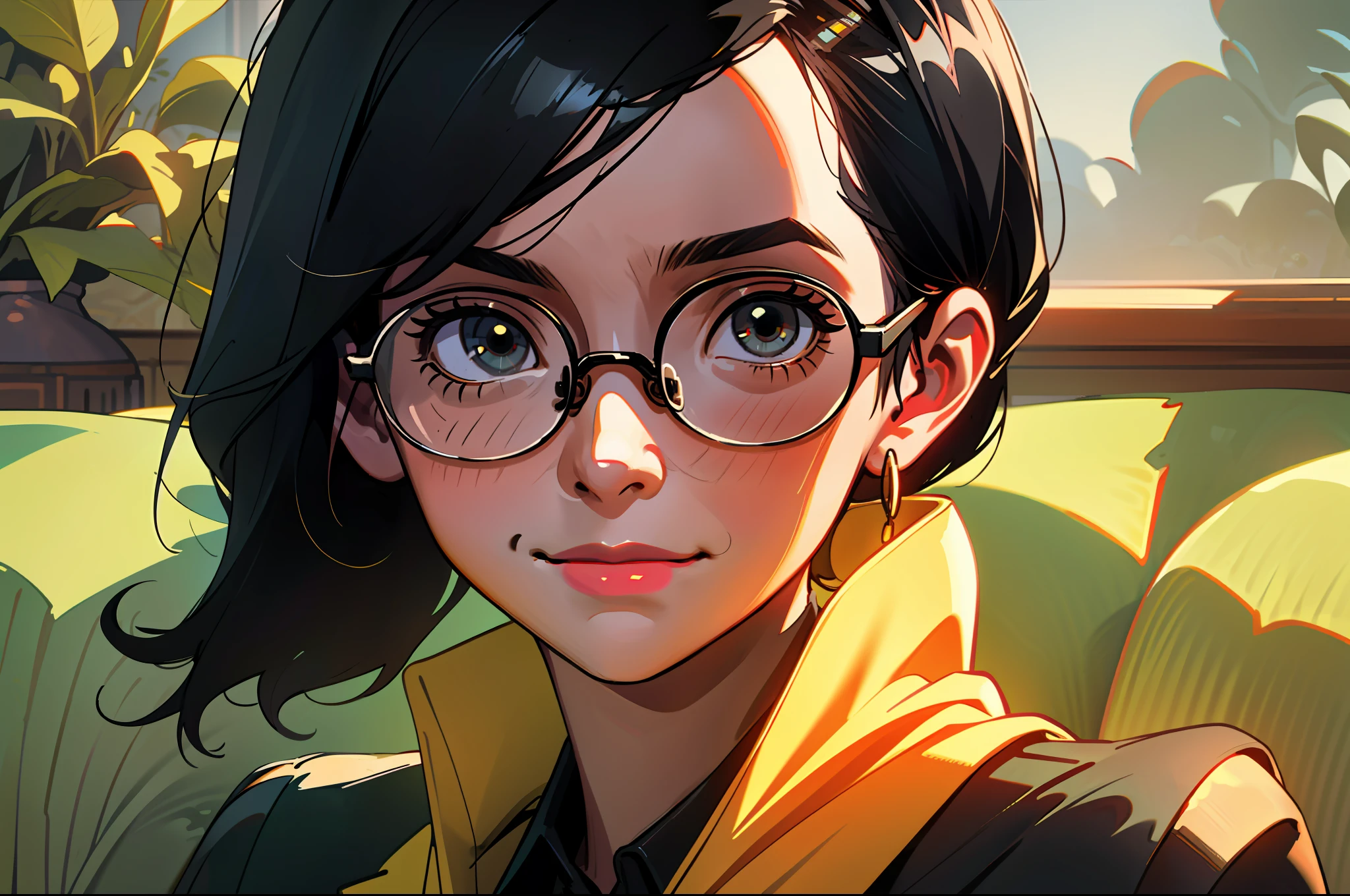 realistic, mature woman, black hair, eyeglasses, oval glasses, indoors, ambient light, realistic details, upper body, slight smile