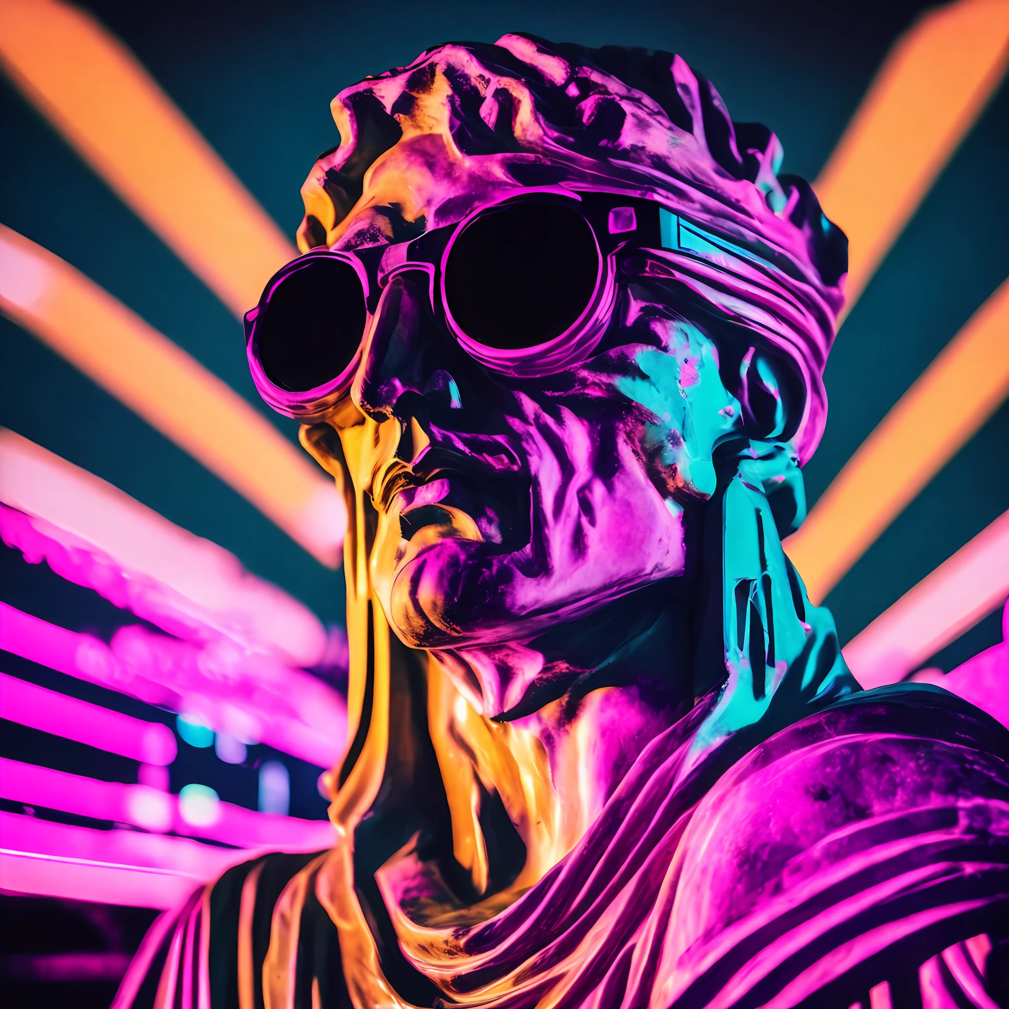 greek statue head, collage style vaporwave, with sun glasses, night city lights at the background, photorealistic, 35 mm lens, dark pink filter, warming light, wide open angle