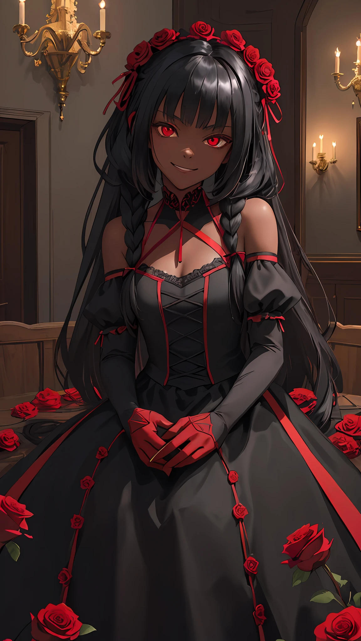 (masterpiece, best quality:1.4), looking at viewer, fringer, {indoors|outdoors|simple background},African American, dark skin, evil smile, red glowing eyes, dark atmosphere, inside castle, red and black princess dress, black long gloves, red roses falling, head tilted to side, teen, braided hair, she wears her hair in two knotted rings with ribbons entwined in them and squared bangs which have cheek length locks on either side.glowing eyes, going close to viewer, evil smirk, threatening, roses falling, holding knife