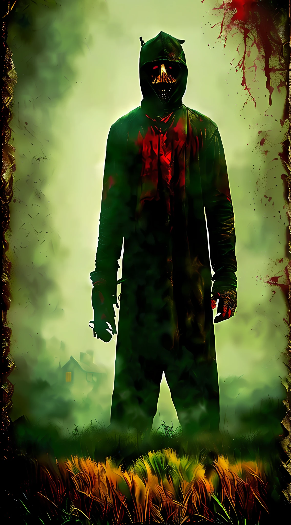 arafed image of a man in a hooded jacket and mask standing in a field, horror poster, horror movie slasher, leatherface, horror movie poster style, poster shot, horror movie poster, horror film poster, horror ”, horror”, in an apron covered in blood, jigsaw, movie poster character, slasher movie, zombie in horror concept art, movie promotional image, an old house at backgrond, old house at background