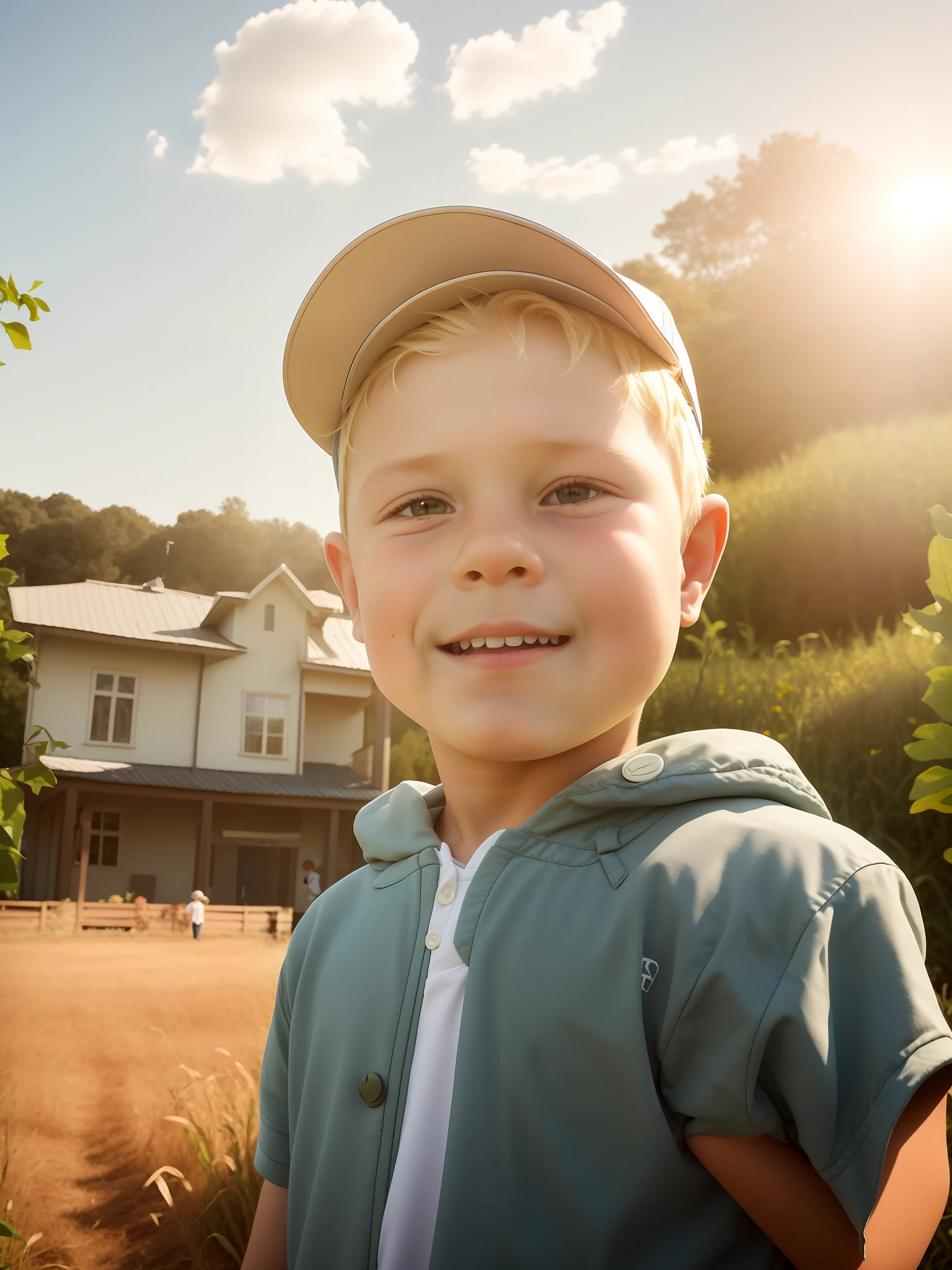 arafed boy in baseball cap standing in the field, Artem, Nikolay, ddler, blonde boy, Khristofor Zhefarowicz, boy with a neutral face, on a sunny day, Leonid, Grushevka in the background, in sunny weather, in front of the house, Emma Andievskaya