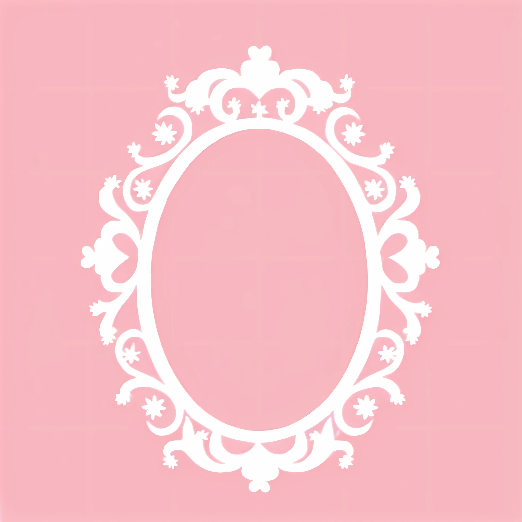 a close up of a white oval frame on a pink background, filigree frame, ornate frame, ornate border frame, decorative frame, white frame border, white border frame, baroque frame border, mirror background, white frame, ornate border, white elegant baroque design, flower frame, ornate portrait, rococo ornament, card frame, decorative border, filigree border --auto --s2