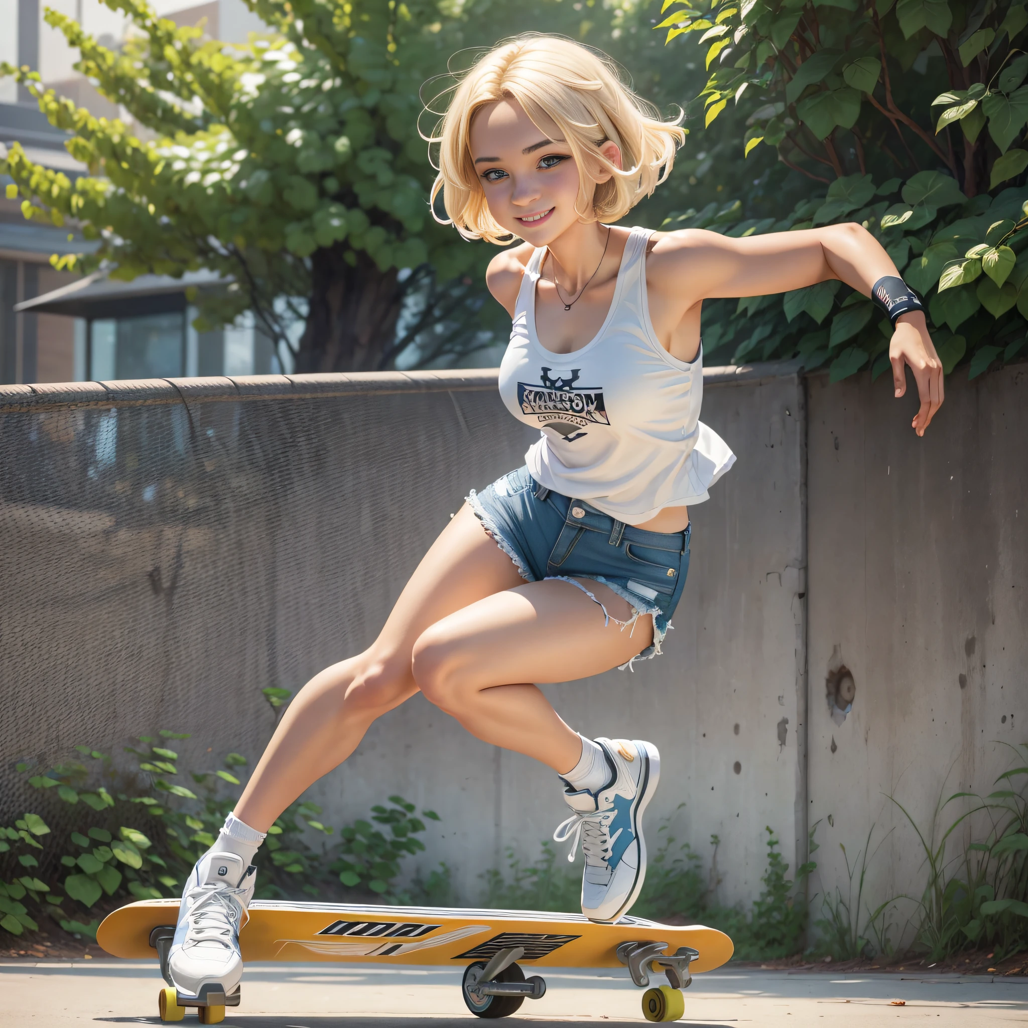 {masterpiece, best quality, extremely detailed CG, unity 8k wallpaper, cinematic lighting}}. design art,  1 girl, full body, A  beautiful girl riding a skateboard in the park. She is stunningly cute, with a smile, short bob hairstyle in golden blonde, blue eyes, double eyelids, long eyelashes, long limbs, She is wearing a white tank top, distressed denim shorts, and white low-cut basketball shoes. Striking an active pose.