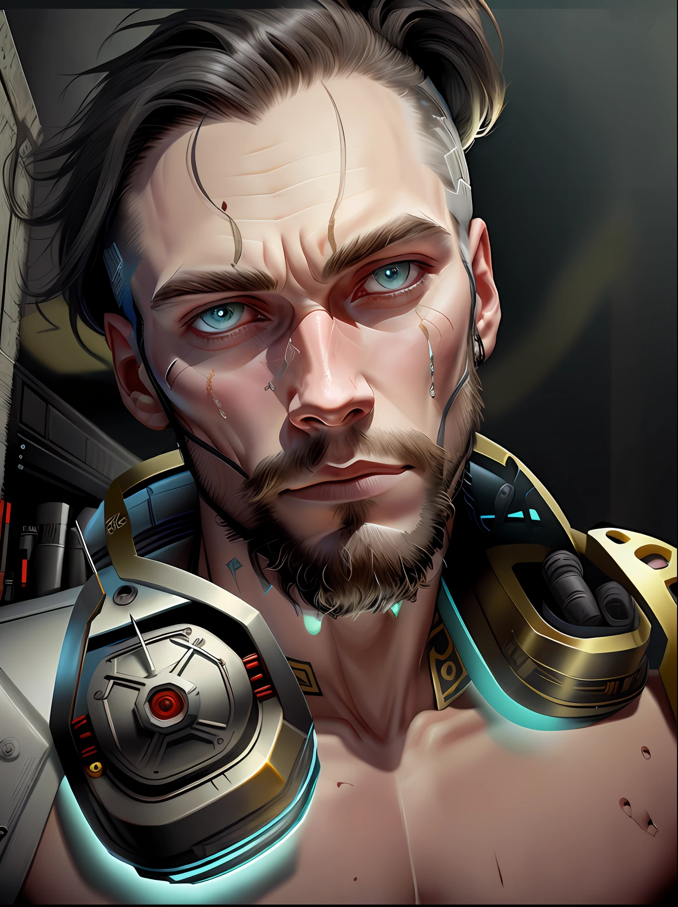 A cybernetic Viking man in the range of 27 years old, barbaric muscular stereotype, with Viking wolf fur coat (Viking mechanical parts: 1.5), fighting, dark bright eyes, short hair, tight supersuit torn, in a destroyed city, smoke and fire, aura of brilliant power, dynamic pose, dynamic vision, hyper detailed, 8k quality, with tattoo on arm, Clock of thorns on the chest and on the headset, merge, hyper realism, with thorns crest viking.Com gray goatee and gray hair, blood dripping down the face. Neo bright, neo lights on the phone, scar on the face