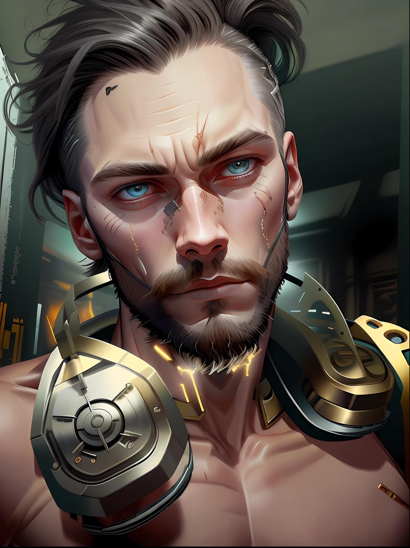 A cybernetic Viking man in the range of 27 years old, barbaric muscular stereotype, with Viking wolf fur coat (Viking mechanical parts: 1.5), fighting, dark bright eyes, short hair, tight supersuit torn, in a destroyed city, smoke and fire, aura of brilliant power, dynamic pose, dynamic vision, hyper detailed, 8k quality, with tattoo on arm,  Clock of thorns on the  and on the headset, merge, hyper realism, with thorns crest viking.Com gray goatee and gray hair, blood dripping down the face. Neo bright, neo lights on the phone, scar on the face