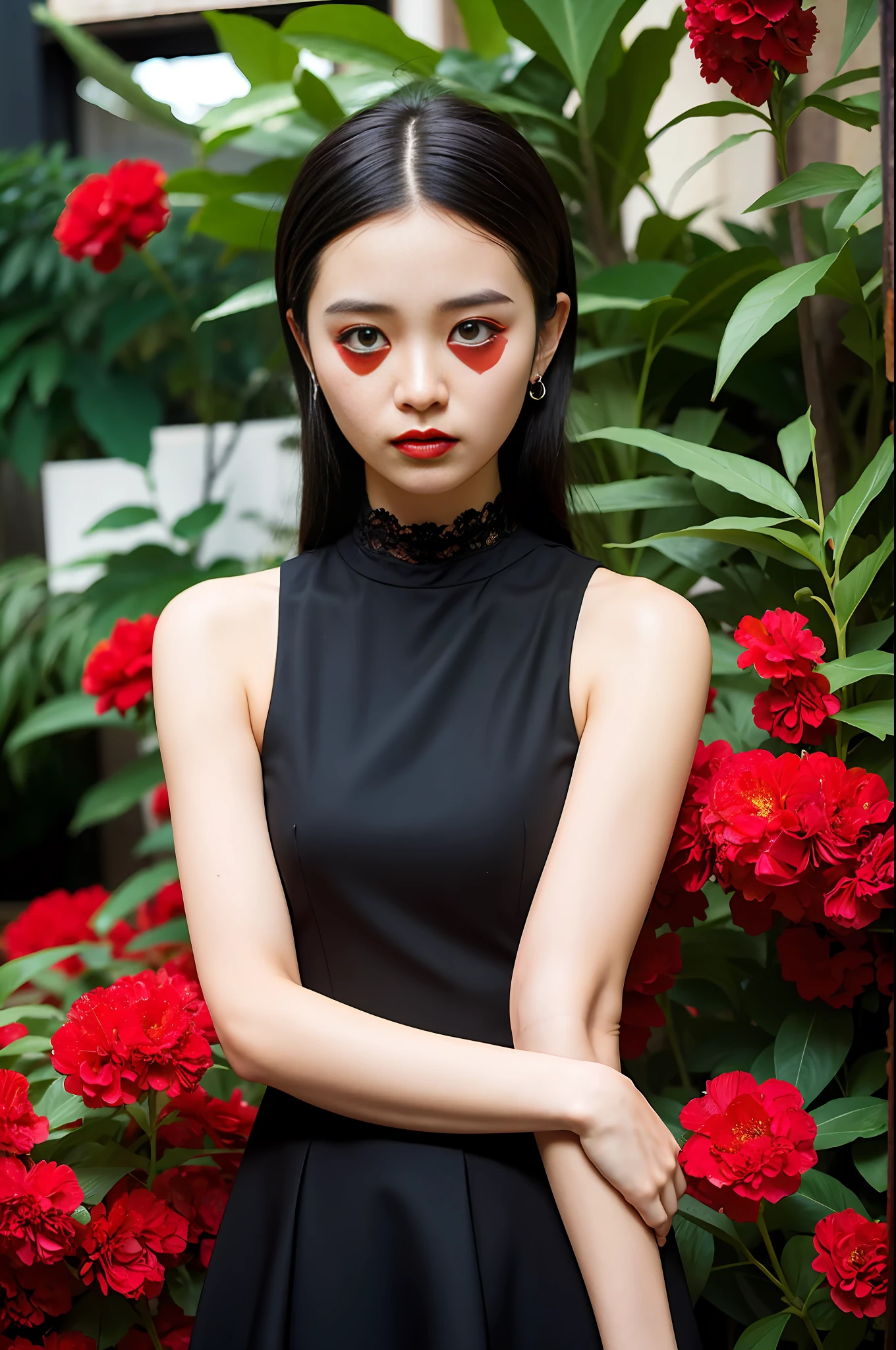 Black tears, corolla, revolutionary, possession of a pistol, skull mask, dark theme, 18 year old girl in the garden, black dress, (top quality, masterpiece: 1.2), (red flower chaos in the background: 1.3)