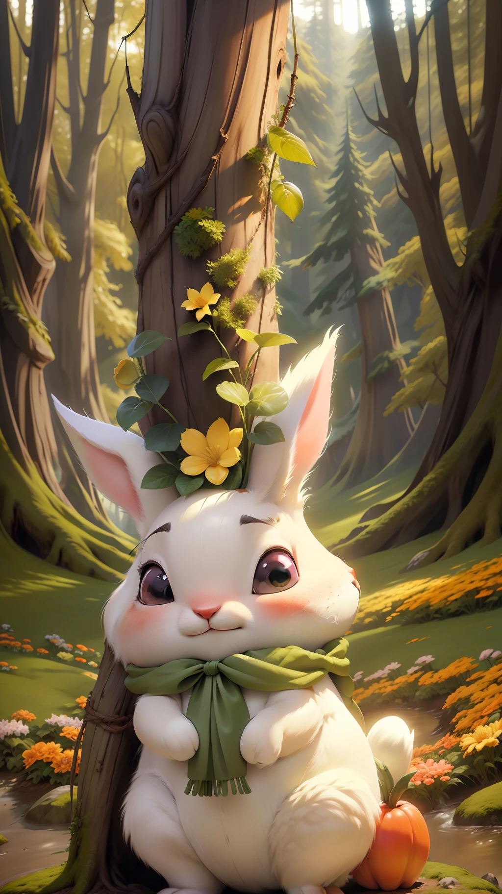 16k ultra HD vivid colors masterpiece ultra cinematic resolution.
Create a digital art banner of a magical forest, with tall, leafy trees, colorful flowers, and flying butterflies. In the center of the banner, add a white rabbit with raised ears and black eyes, holding a huge carrot. The rabbit looks happy and excited, as if enjoying his meal. Add some rays of sun that go through the trees to create a light and shadow effect. Use soft shades of green, yellow and pink to give a magical air to the forest. In the background, add a tall, majestic mountain, with a cascade of crystal clear water falling down the hillside. Make sure the rabbit is well prominent, with sharp lines and vibrant colors. The banner must have a dimension of 1200 x 600 pixels, with a resolution of 300 dpi.