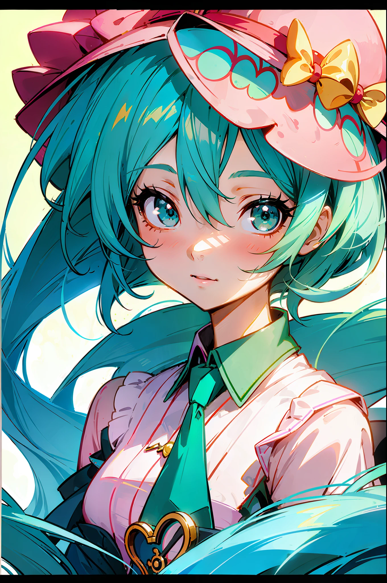 a close up of a person wearing a dress and a hat, cute anime waifu in a nice dress, anime girl with teal hair, anime visual of a cute girl, anime goddess, anime character art, anime illustration, portrait of hatsune miku, detailed anime character art, anime moe artstyle, detailed anime artwork, vocaloid, detailed key anime art, female anime character