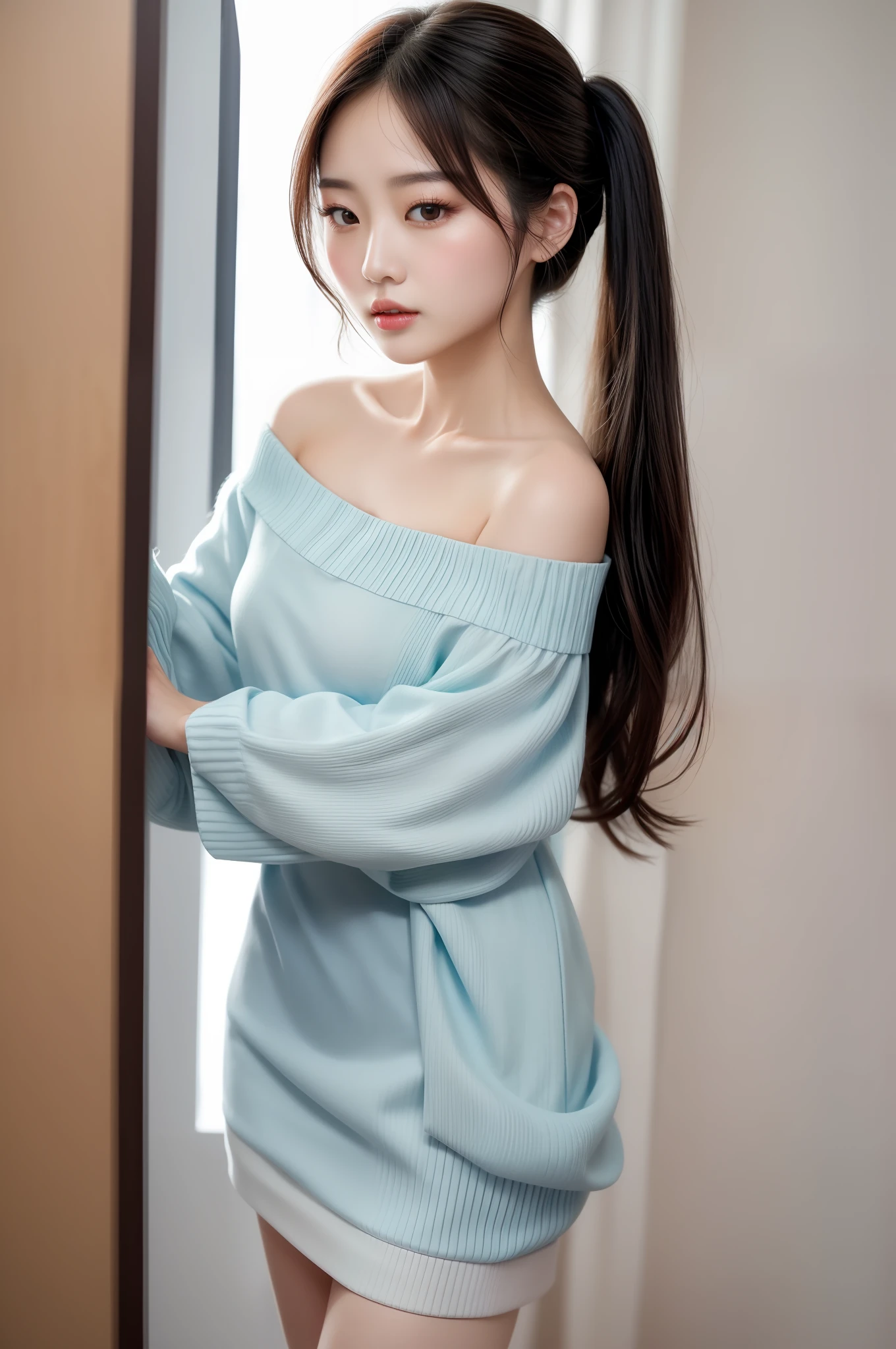 Fashion trendy beautiful and charming woman, gentle and charming Chinese beautiful woman, Korean(kpop-idol), delicate and sexy collarbone, charming oval face, double eyelids, smart peach blossom eyes, pink lips, small nose, bare shoulders, focus on the face, close-up of the face, Ultra-high-definition, super-detailed, the ((loose)), white off-the-shoulder shirt perfectly echoes the light blue high slit miniskirt, fresh and impressive, Natural(medium breasts:1.25), (nsfw:1.2)