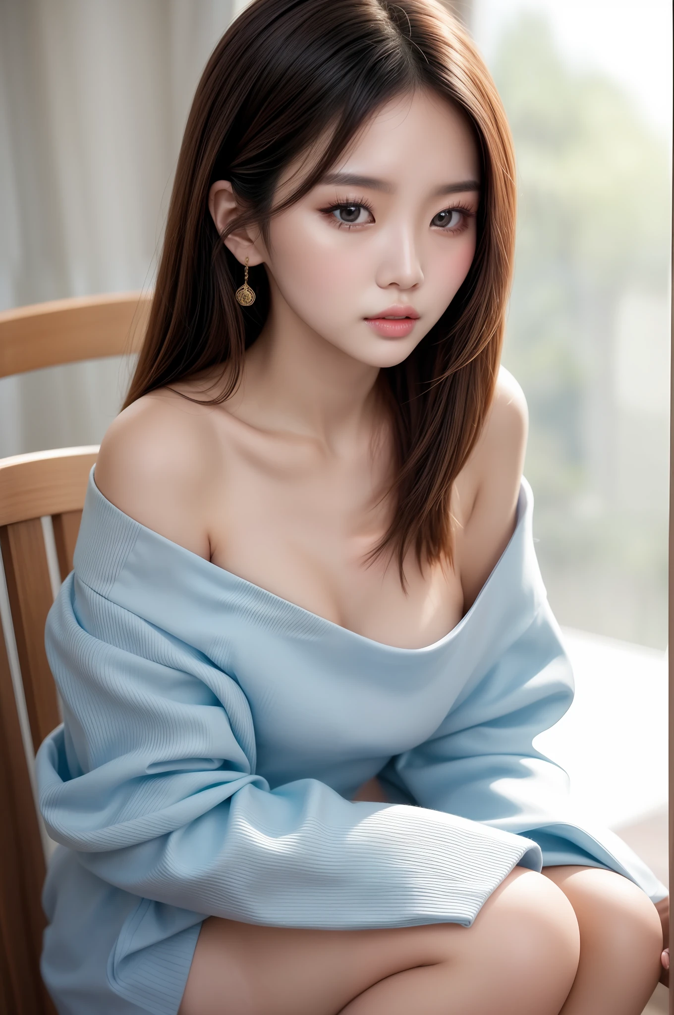 Fashion trendy beautiful and charming woman, gentle and charming Chinese beautiful woman, Korean(kpop-idol), delicate and sexy collarbone, charming oval face, double eyelids, smart peach blossom eyes, pink lips, small nose, bare shoulders, focus on the face, close-up of the face, Ultra-high-definition, super-detailed, the ((loose)), white off-the-shoulder shirt perfectly echoes the light blue high slit miniskirt, fresh and impressive, Natural(medium breasts:1.25), (nsfw:1.2)