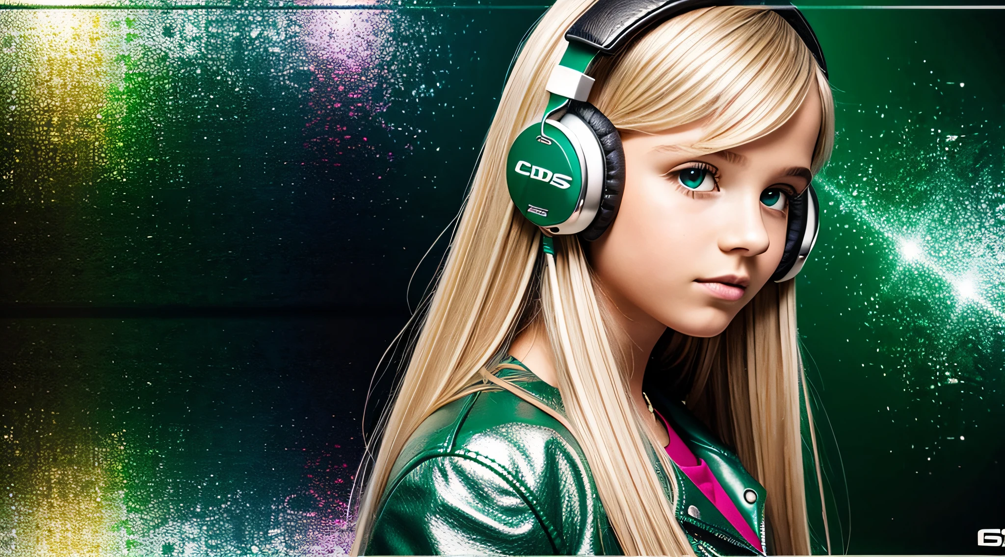 GIRL child , RUSSIAN BLONDE long hair and headphones, portrait, SILVER LEATHER JACKET, VINYL AND CDS green background. --auto --s2