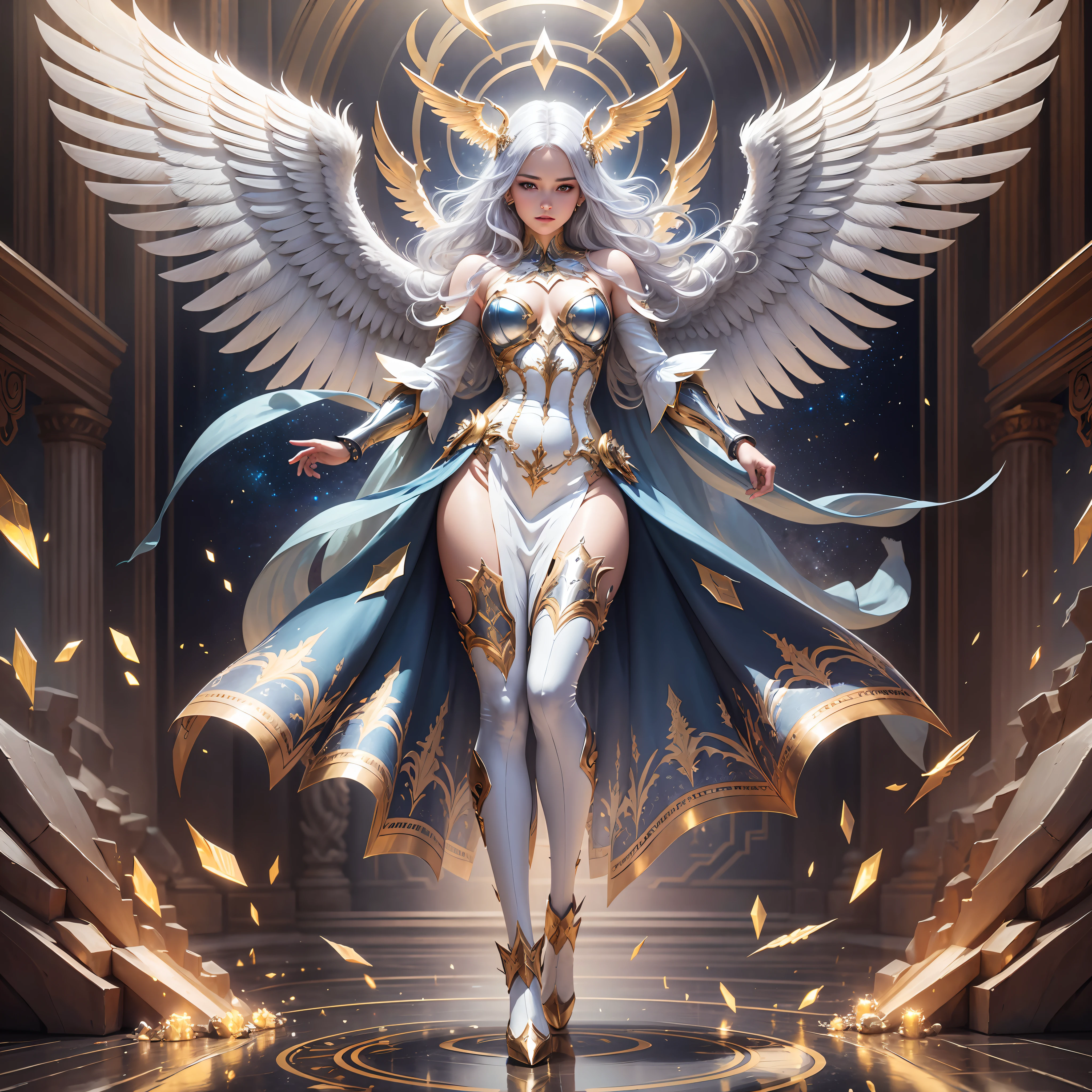 Solo, full body, an angel with beautiful clothes, flying, diamond, gold and silver armor parts, 8k, artwork, realistic photography, award-winning photography, beautiful image, best quality, defined wings, bright, gleaming, nice image, supreme beauty, sapphire wings, shiny silver hair