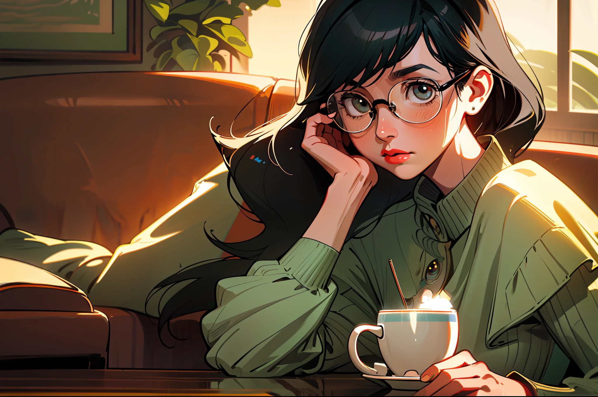 realistic, mature woman, black hair, eyeglasses, oval glasses, cup of coffee on table, ambient light, cafeteria, bright eyes, realistic details, upper body
