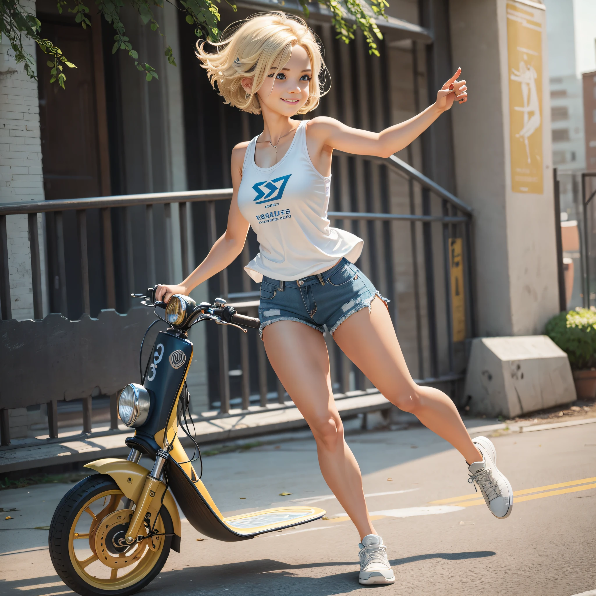 {masterpiece, best quality, extremely detailed CG, unity 8k wallpaper, cinematic lighting}}. design art, 1 girl, full body, A beautiful girl riding an electric kick scooter in a park. She is stunningly cute, with a smile, short bob hairstyle in golden blonde, blue eyes, double eyelids, long eyelashes, long limbs, She is wearing a white tank top, distressed denim shorts, and white low-cut basketball shoes. Striking an active pose.