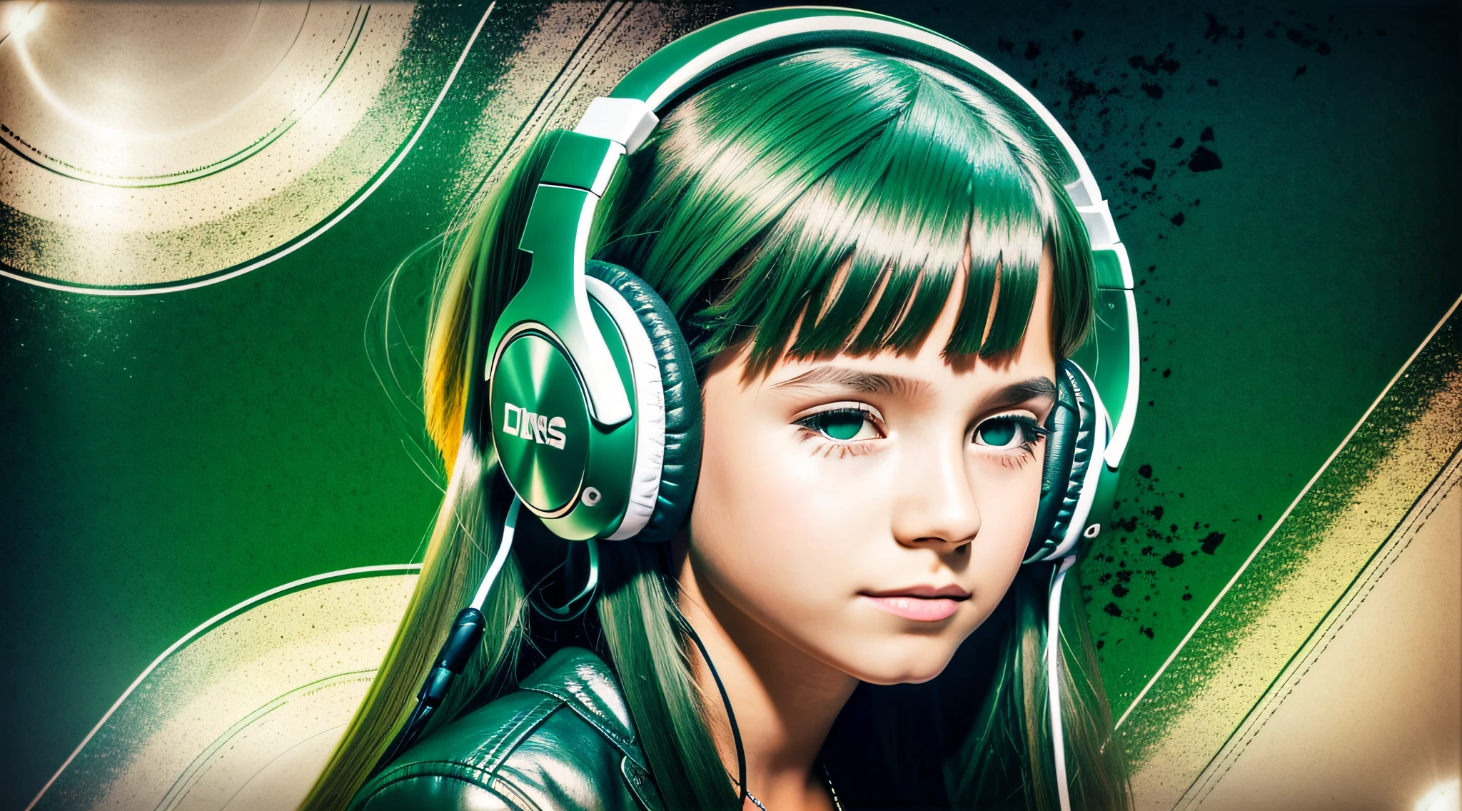 GIRL child , RUSSIAN BLONDE long hair and headphones, portrait, SILVER LEATHER JACKET, VINYL AND CDS green background. --auto --s2