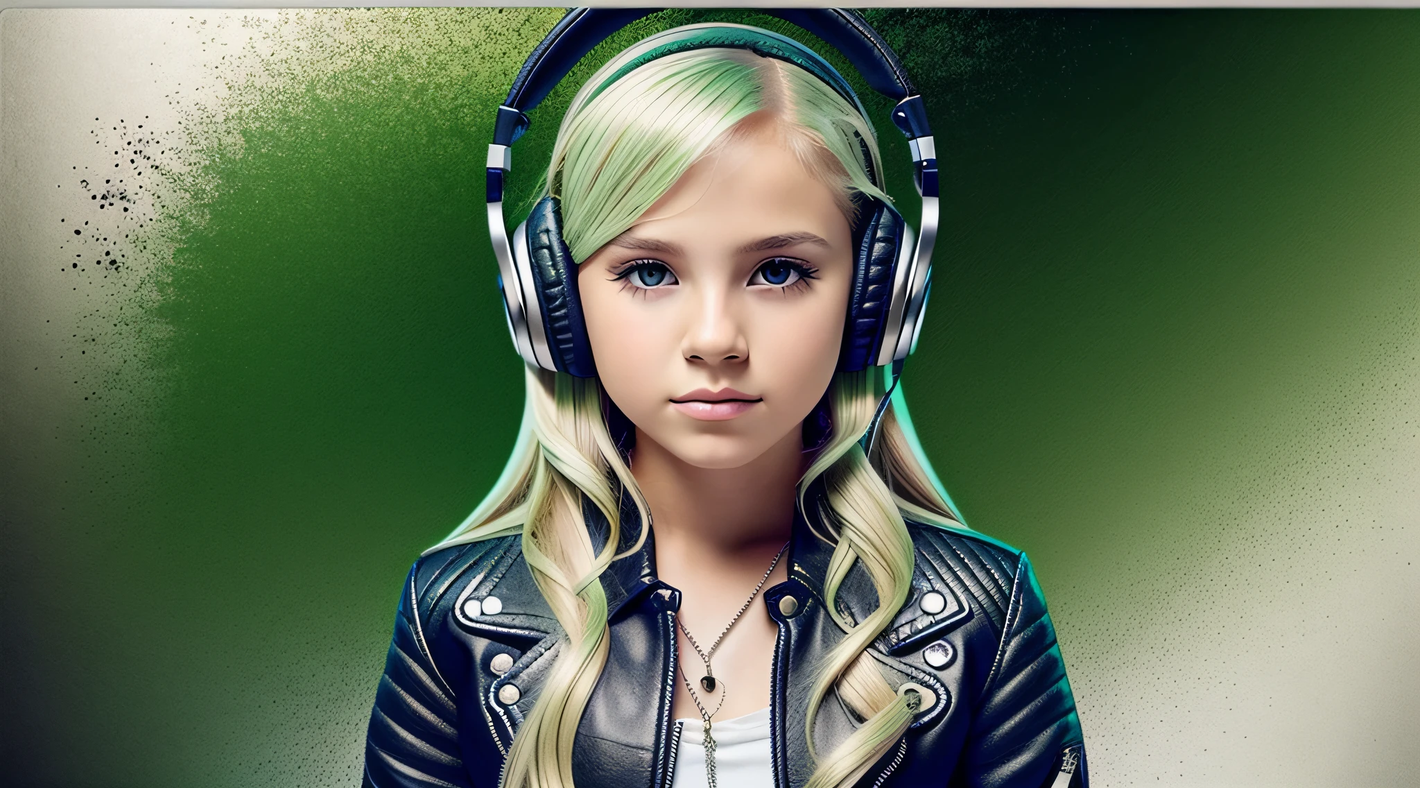 GIRL child , RUSSIAN BLONDE long hair and headphones, portrait, SILVER LEATHER JACKET, VINYL AND CDS green background. --auto --s2