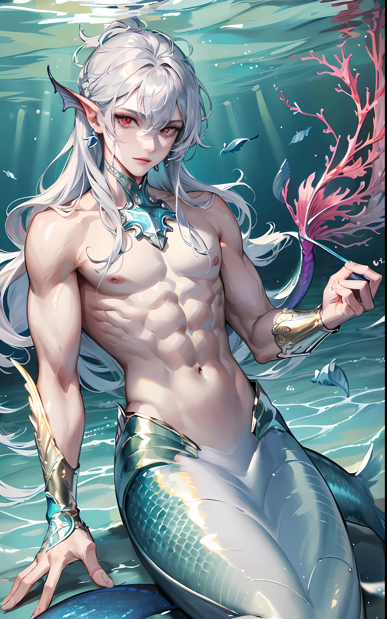 man, masculine, masculine face, attractive, muscular, (((1man))), masterpiece, absurdres, best quality ,intricate details , (shiny skin, shiny body, shiny oily luster skin, shiny hair, pale skintone), Sundown, attractive, ((muscular)), adult, one, earrings, Don't look at the view , Not looking at the view, silver hair, braided hair, perfect detailed face, perfect detailed hands, triton, fins, red eyes, triton ears, ((portait)), smirk, marine sea ornaments, ((in the water)), open chest, ((mermaid tail)), no legs, ((diving underwater)), under the sea, fishes, masculine features, masculine face