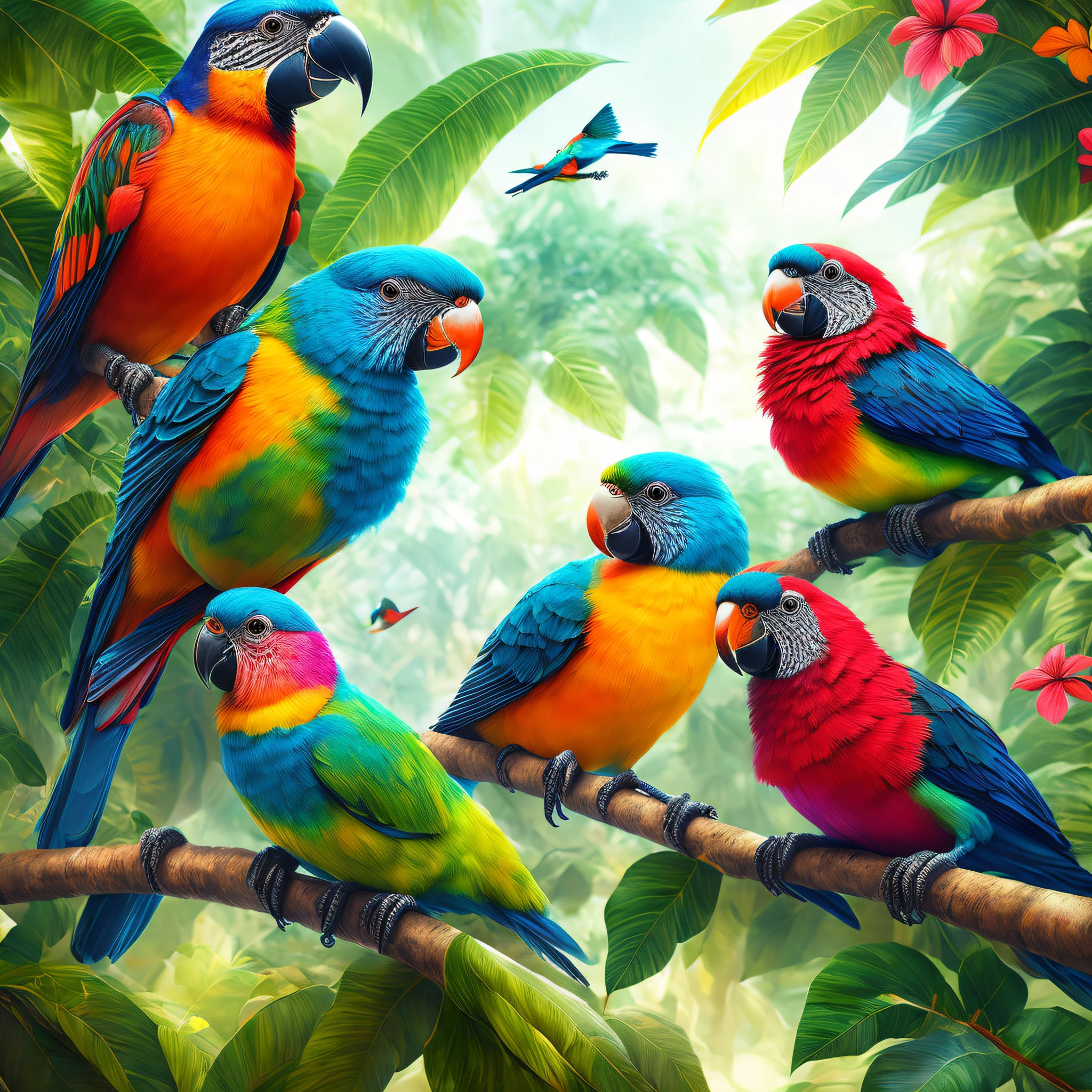 there are many colorful birds sitting on a branch in the jungle, tropical birds, colorful birds, parrots, pararel, digital painting highly detailed, highly detailed digital artwork, very detailed birds, beautiful nature, beautiful digital artwork, birds f cgsociety, highly detailed digital painting, hd illustration, an illustration, an illustration of, birds, a beautiful artwork illustration --auto --s2