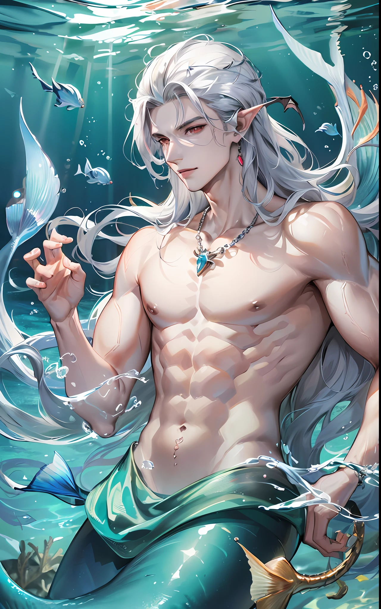 man, masculine, masculine face, attractive, muscular, (((1man))), masterpiece, absurdres, best quality ,intricate details , (shiny skin, shiny body, shiny oily luster skin, shiny hair, pale skintone), Sundown, attractive, ((muscular)), adult, one, earrings, Don't look at the view , Not looking at the view, silver hair, braided hair, perfect detailed face, perfect detailed hands, triton, fins, red eyes, triton ears, ((portait)), smirk, marine sea ornaments, ((in the water)), open chest, ((mermaid tail)), no legs, ((diving underwater)), under the sea, fishes, masculine features, masculine face
