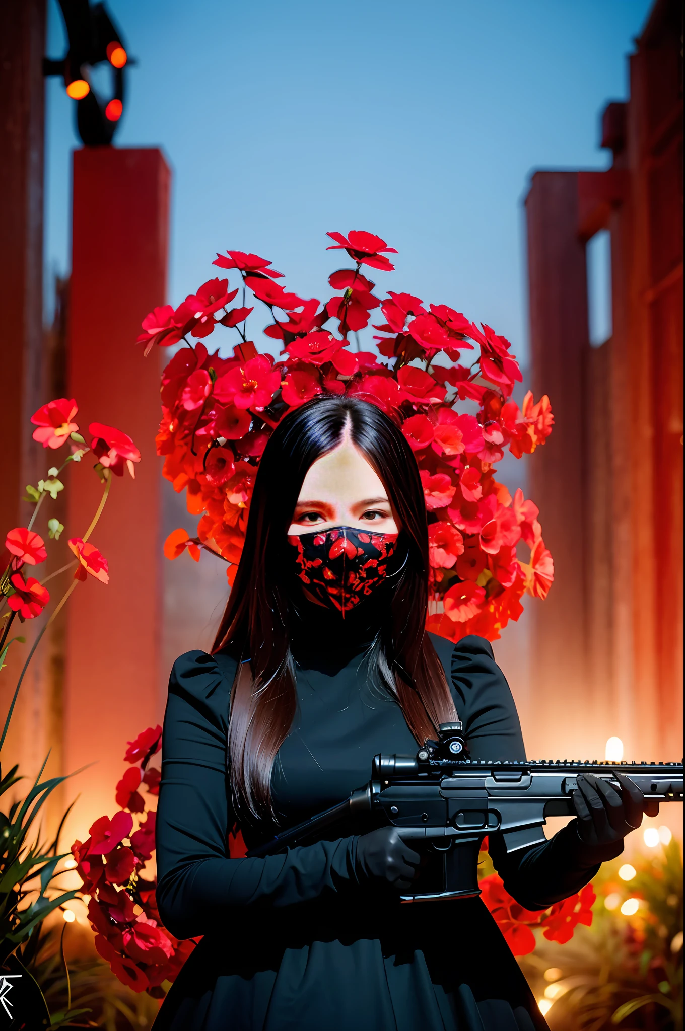 revolutionary, possessing a rifle, skull mask, dark theme, 18 year old girl in the garden, black dress, (top quality, masterpiece: 1.2), (red flower chaos in the background: 1.3)