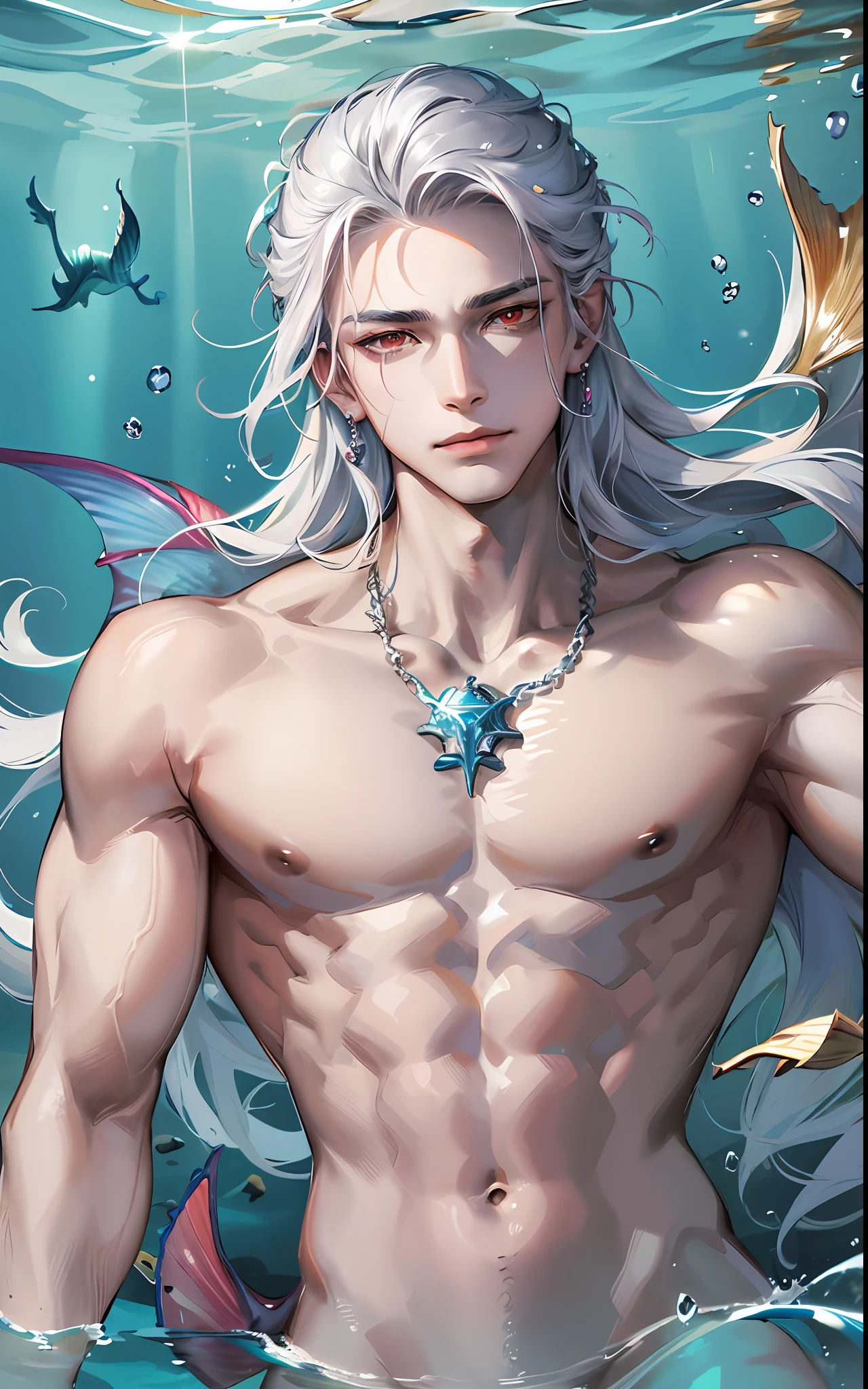 man, masculine, masculine face, attractive, muscular, (((1man))), masterpiece, absurdres, best quality ,intricate details , (shiny skin, shiny body, shiny oily luster skin, shiny hair, pale skintone), Sundown, attractive, ((muscular)), adult, one, earrings, Don't look at the view , Not looking at the view, silver hair, braided hair, perfect detailed face, perfect detailed hands, triton, fins, red eyes, triton ears, ((portait)), smirk, marine sea ornaments, ((in the water)), open chest, ((mermaid tail)), no legs, ((diving underwater)), under the sea, fishes, masculine features, masculine face