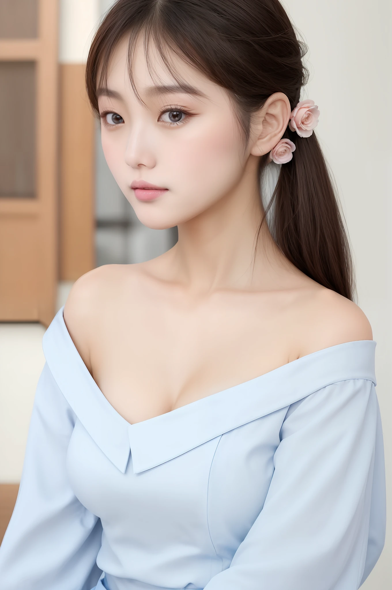 Fashion trendy beautiful and charming woman, gentle and charming Chinese beautiful woman, Korean(kpop-idol), delicate and y collarbone, charming oval face, double eyelids, smart peach blossom eyes, pink lips, small nose, bare shoulders, focus on the face, close-up of the face, Ultra-high-definition, super-detailed, the ((loose)), white off-the-shoulder shirt perfectly echoes the light blue high slit miniskirt, fresh and impressive, Natural(medium bre25), (nsfw:1.2)