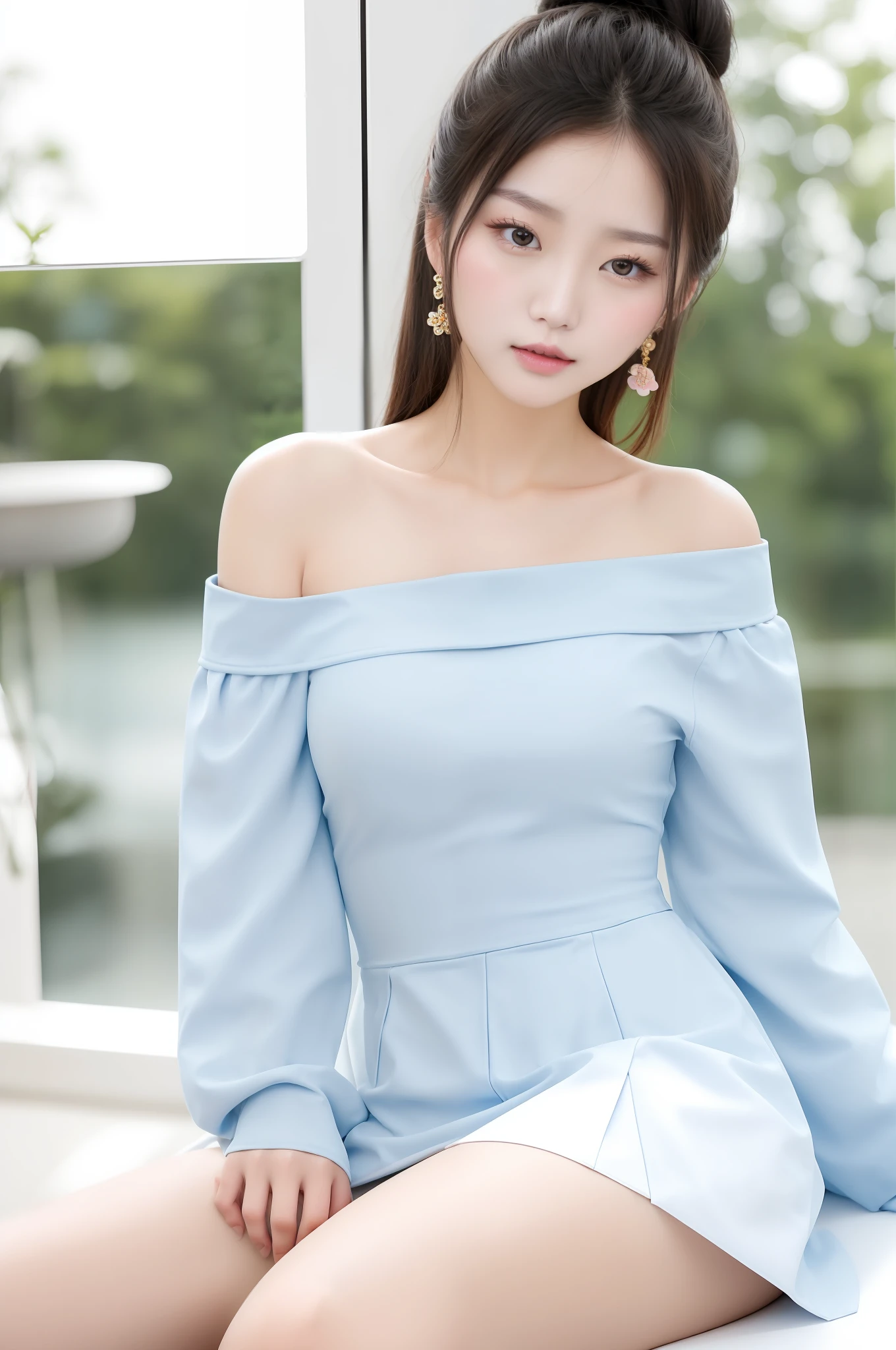Fashion trendy beautiful and charming woman, gentle and charming Chinese beautiful woman, Korean(kpop-idol), delicate and sexy collarbone, charming oval face, double eyelids, smart peach blossom eyes, pink lips, small nose, bare shoulders, focus on the face, close-up of the face, Ultra-high-definition, super-detailed, the ((loose)), white off-the-shoulder shirt perfectly echoes the light blue high slit miniskirt, fresh and impressive, Natural(medium breasts:1.25), (nsfw:1.2)