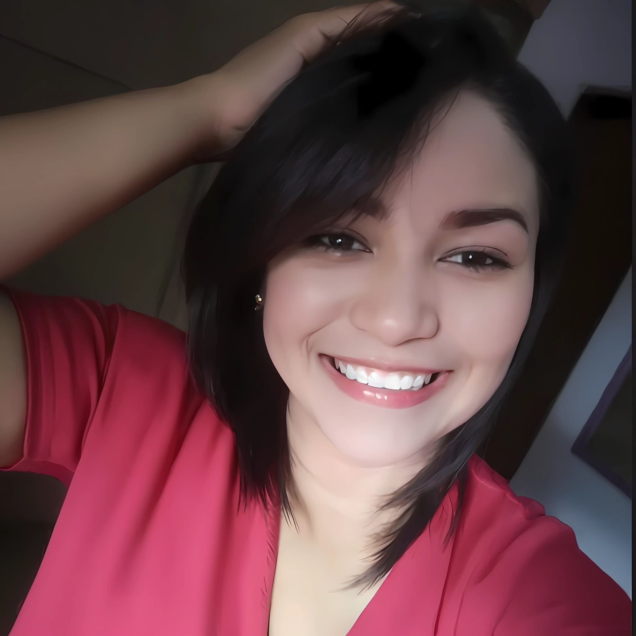 smiling woman in a pink shirt holding her hair up, charming smile, woman of 30 years, she is smiling, by Nándor Katona, with a beautiful, beautiful and smiling smile
