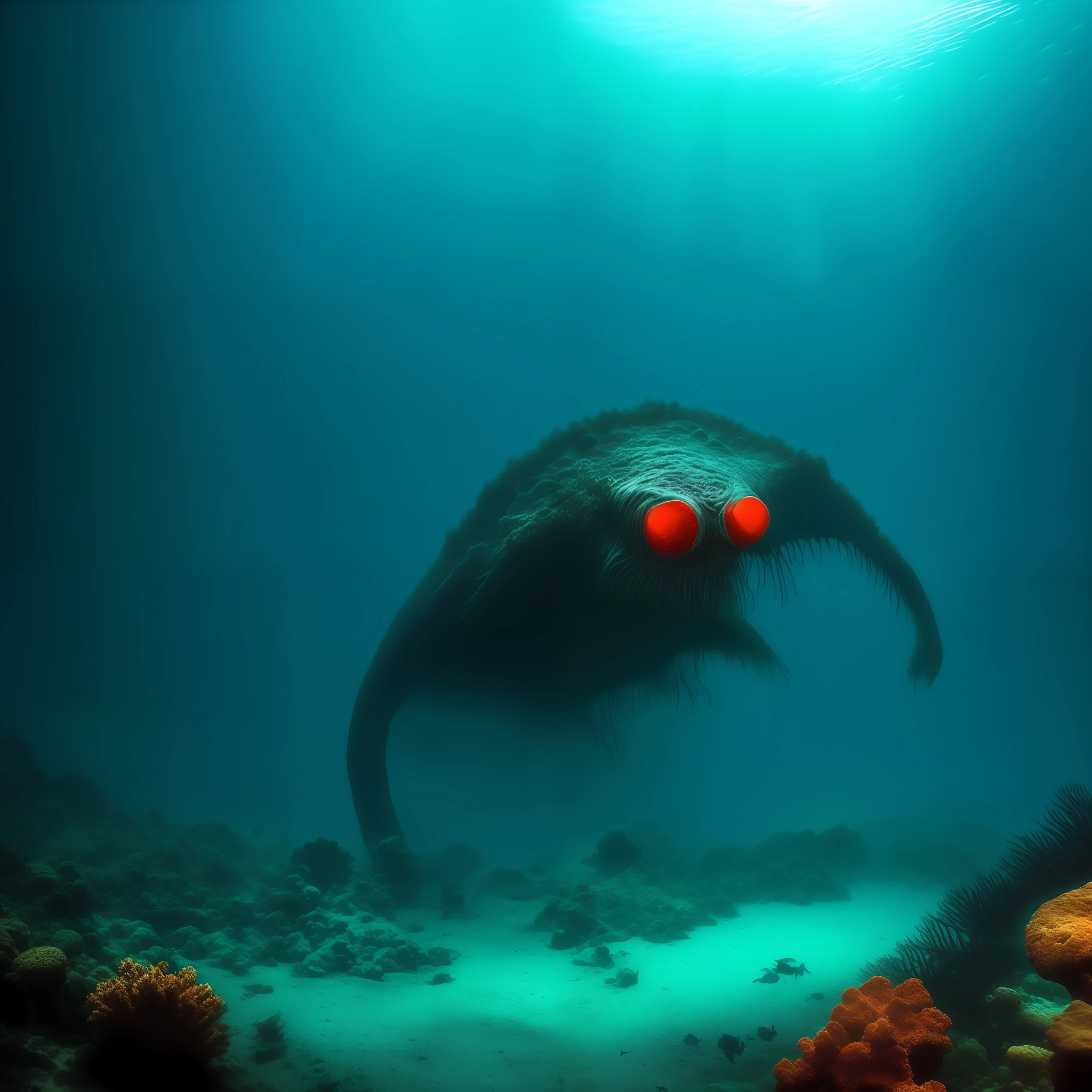 a scary drawing of a red eye monster under the sea, Underwater